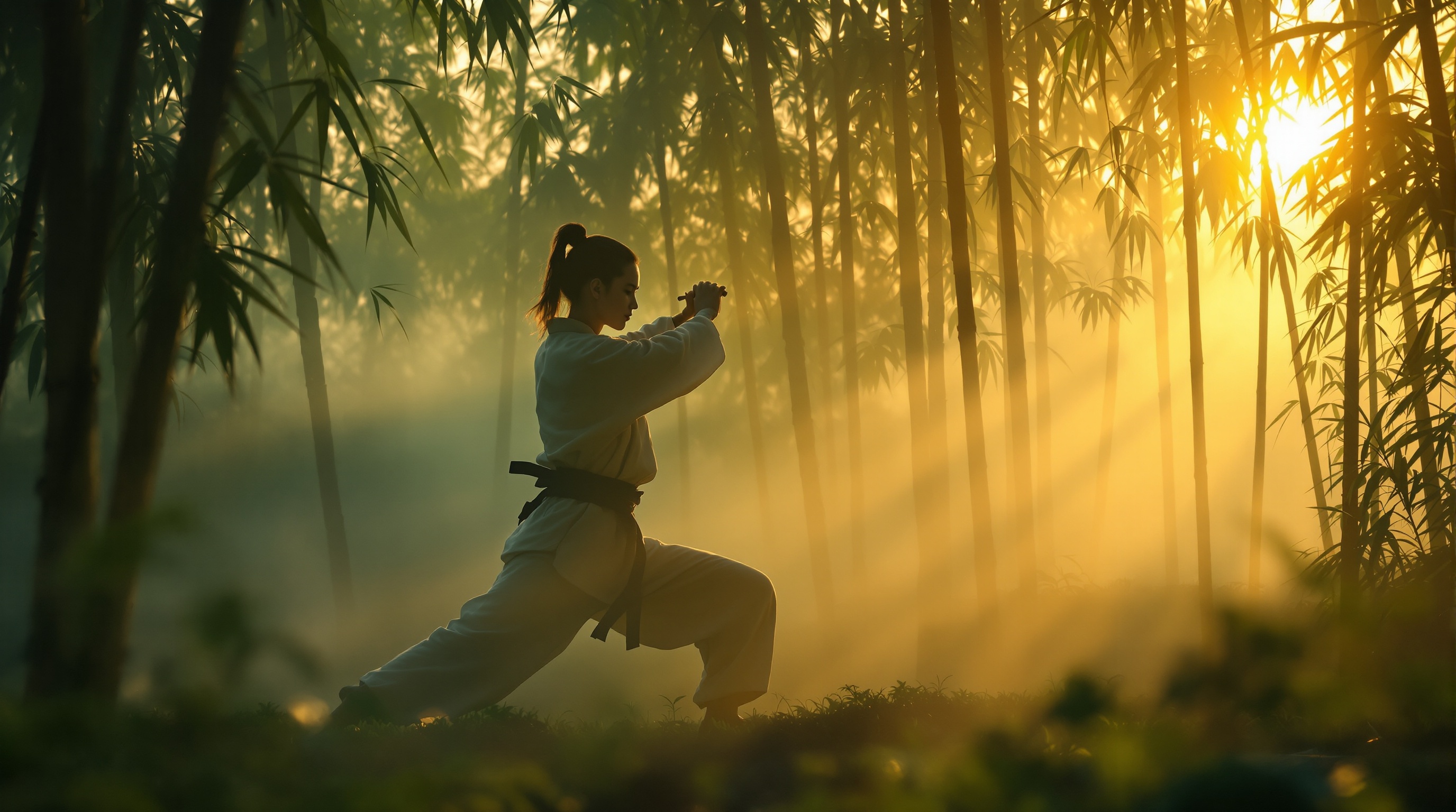 TaiYogSuido practice in a serene bamboo garden at sunrise