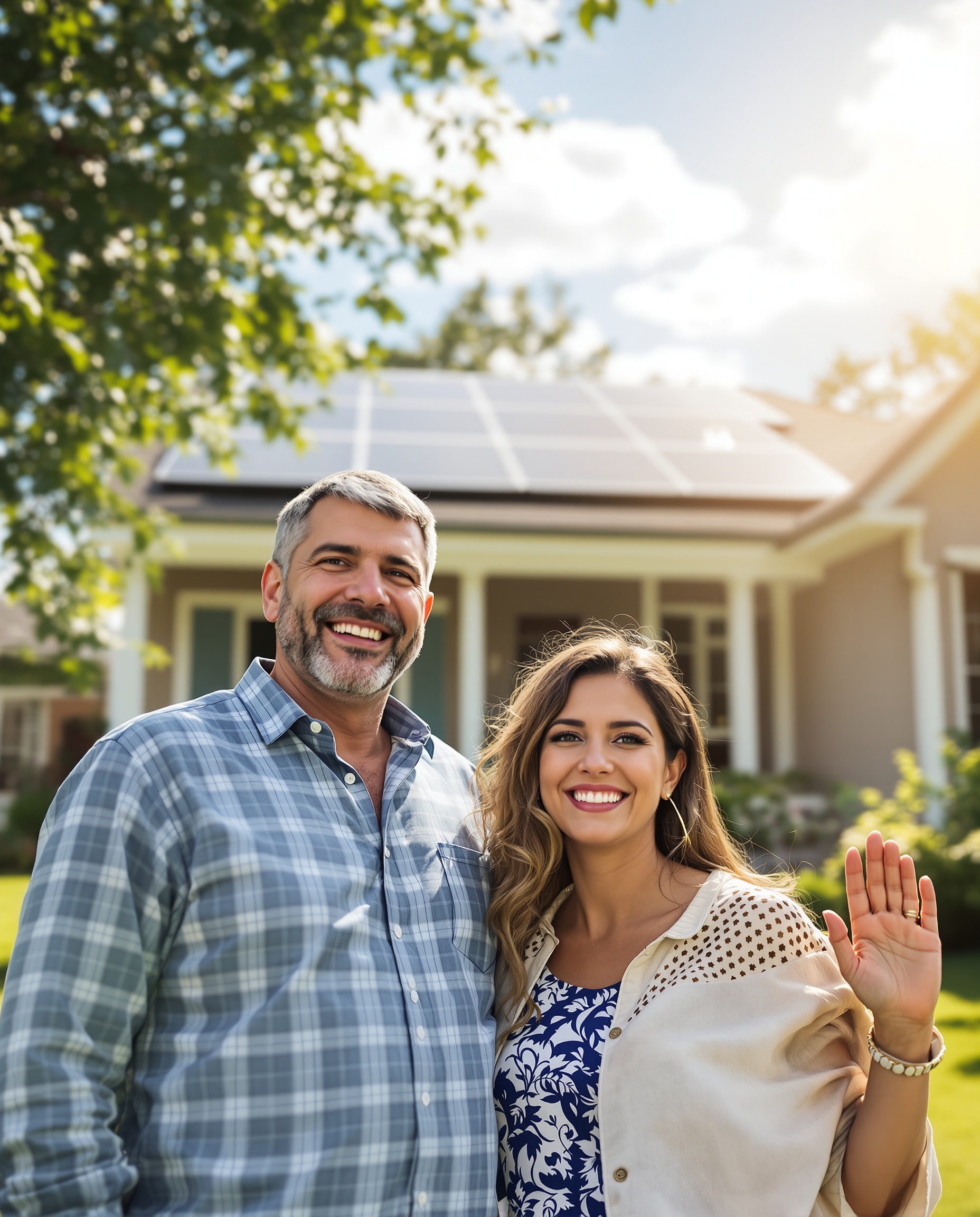 Happy solar homeowner family