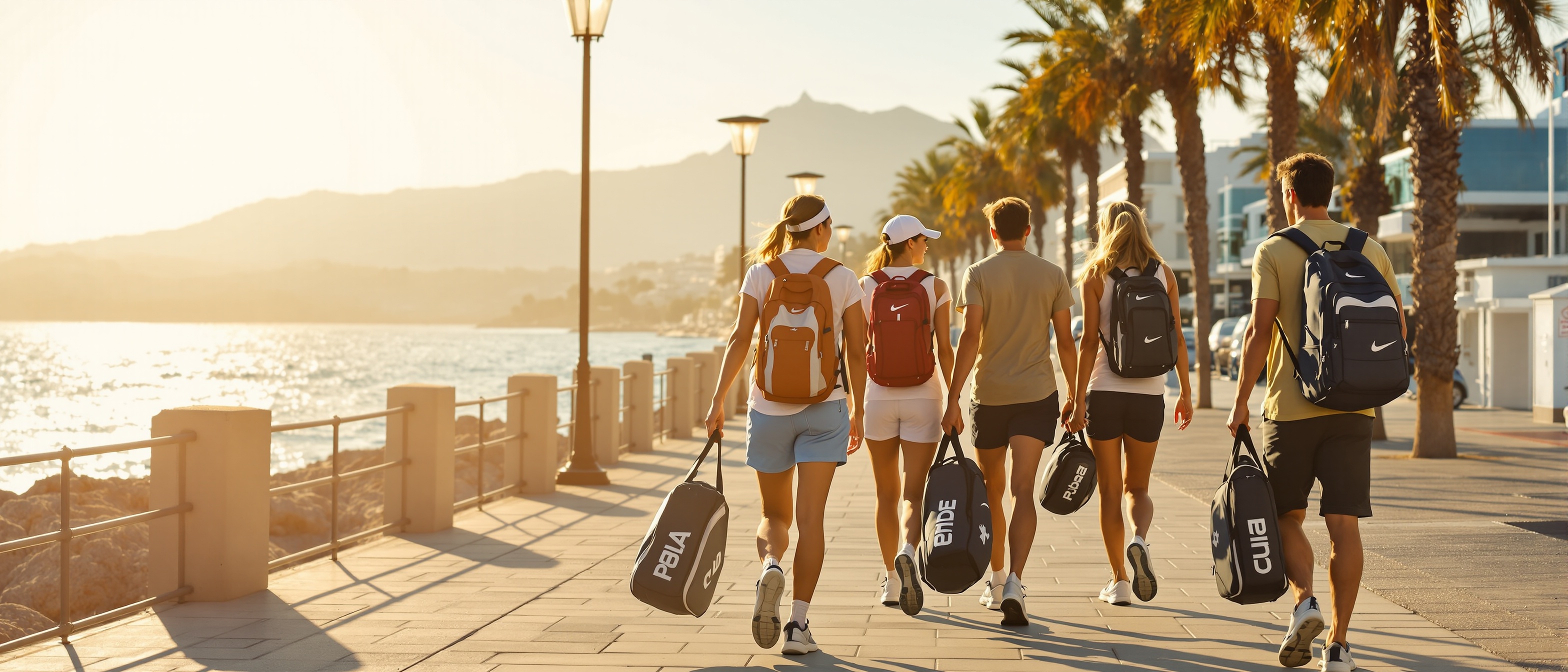 Padel players walking with travel gear along a seaside promenade