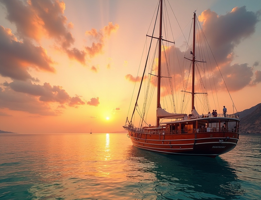 Sunset cruise gulet sailing on golden Mediterranean waters