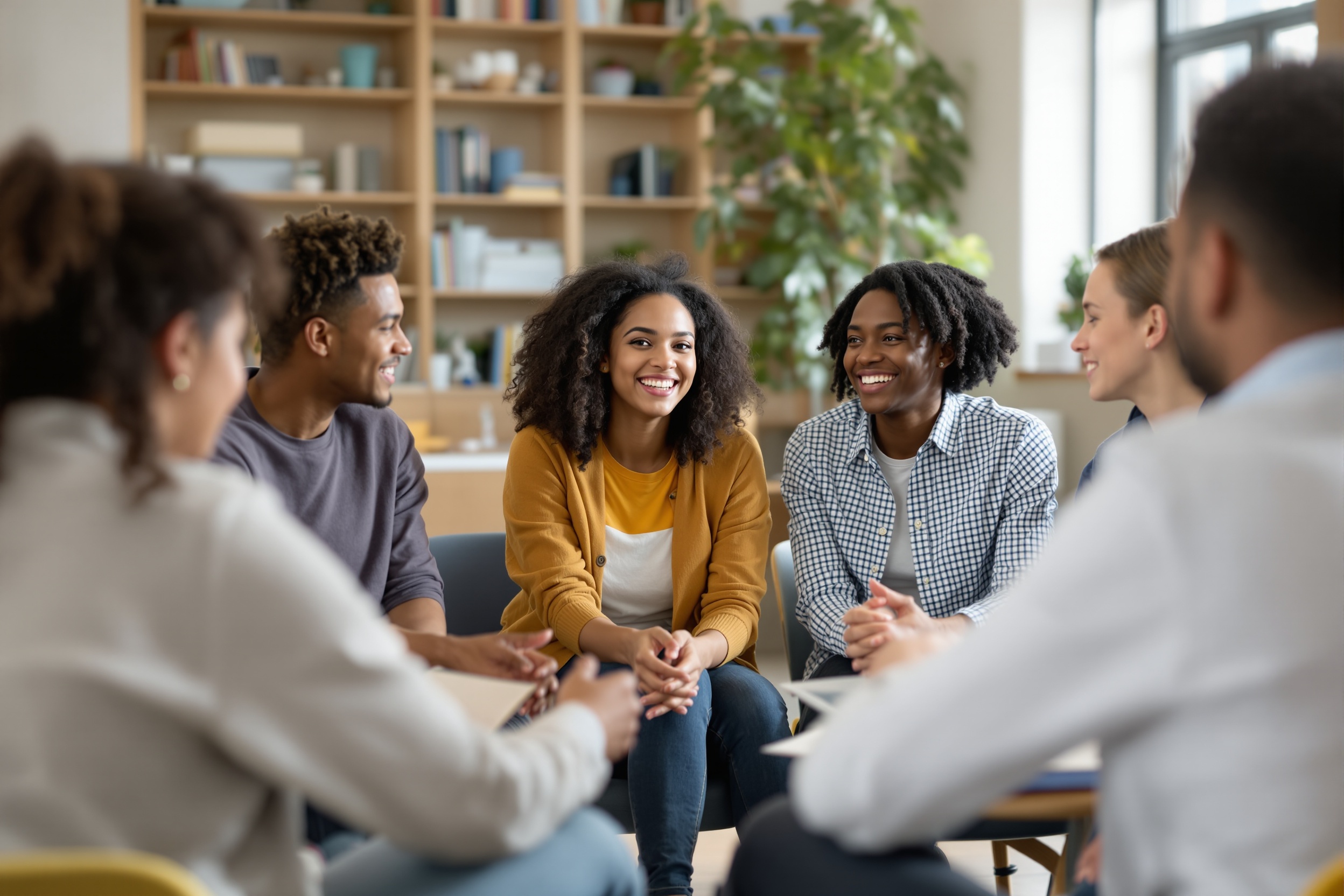 Volunteers discussing youth prevention strategies in a classroom setting