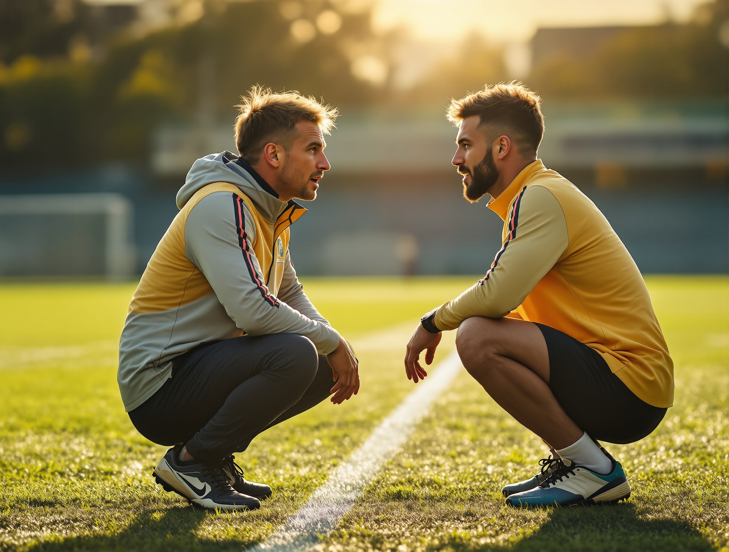 試合中のピッチ脇で、選手と同じ目線まで腰を落とし、真剣な表情で言葉を交わす監督の横顔。指導者としての誇りを持ちつつも、現場の声に耳を傾ける「ボトムアップとトップダウンの融合」を体現した瞬間。