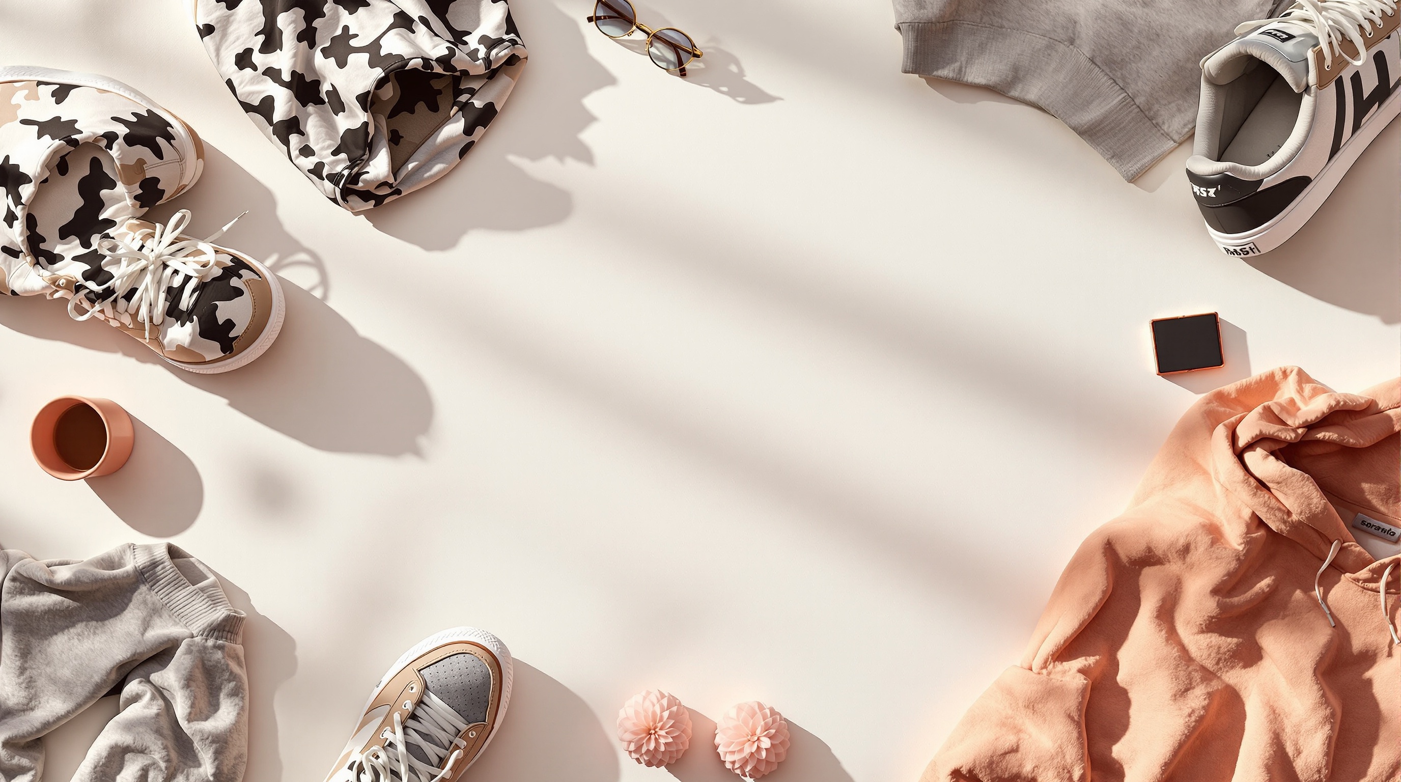 SuperBuy streetwear editorial flat lay with sneakers, hoodies, and accessories in warm tones