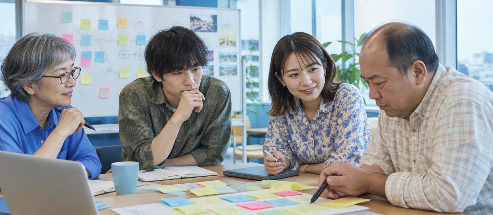 会議室で付箋やホワイトボードを使いながら、課題を見つけて形にしていく上進のメンバーの様子