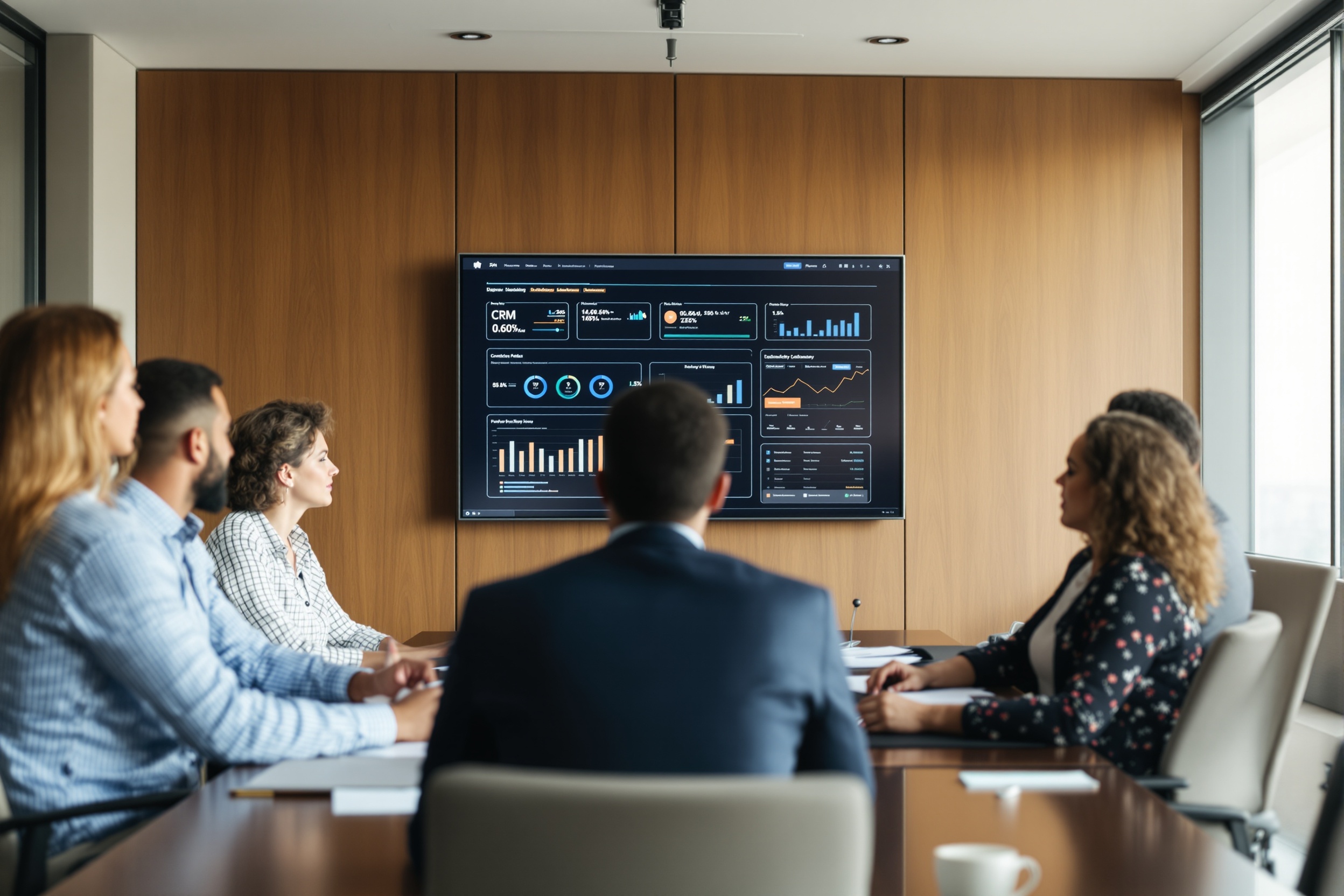 Governance team reviewing CRM policies and data quality frameworks in a boardroom