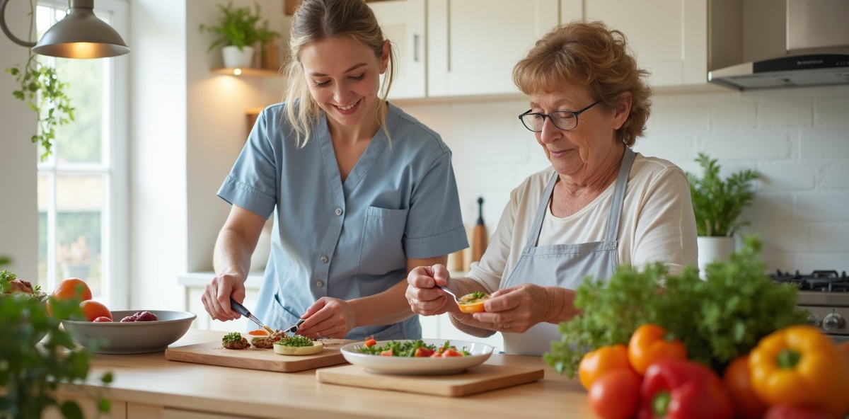 Professional carer preparing nutritious meal with elderly client in home kitchen