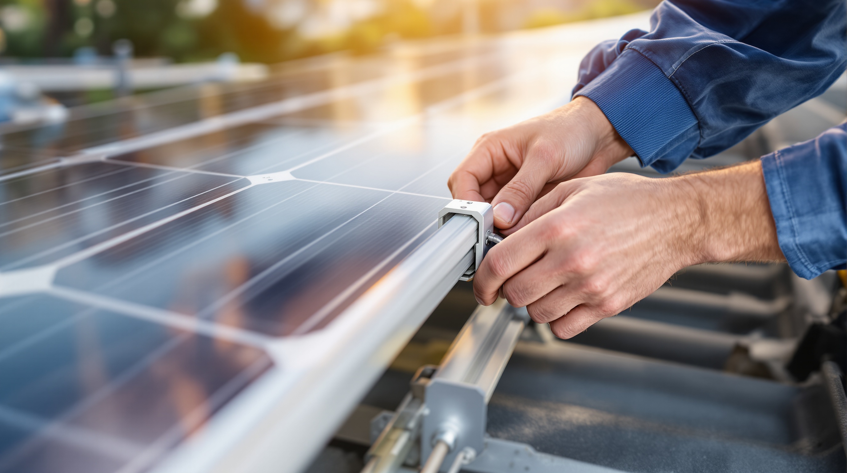 Close-up of gloved hands securing a solar panel mounting clamp onto an aluminium rail on a warehouse roof