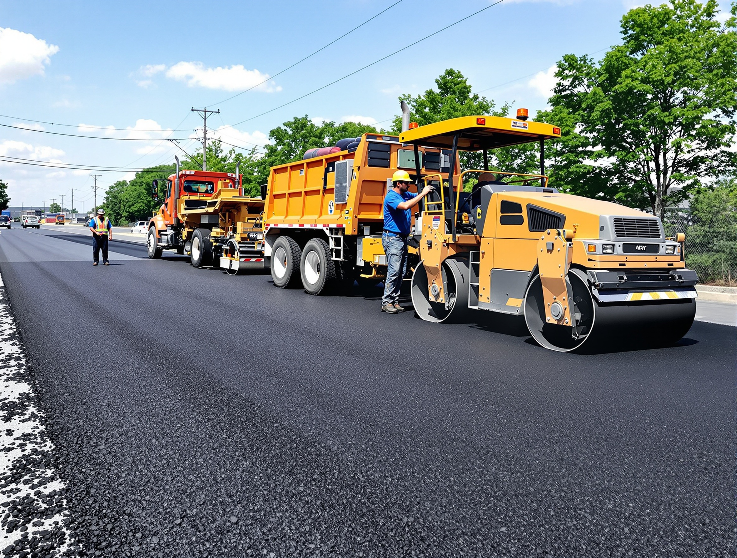 Asphalt paving truck and roller compactor on job site