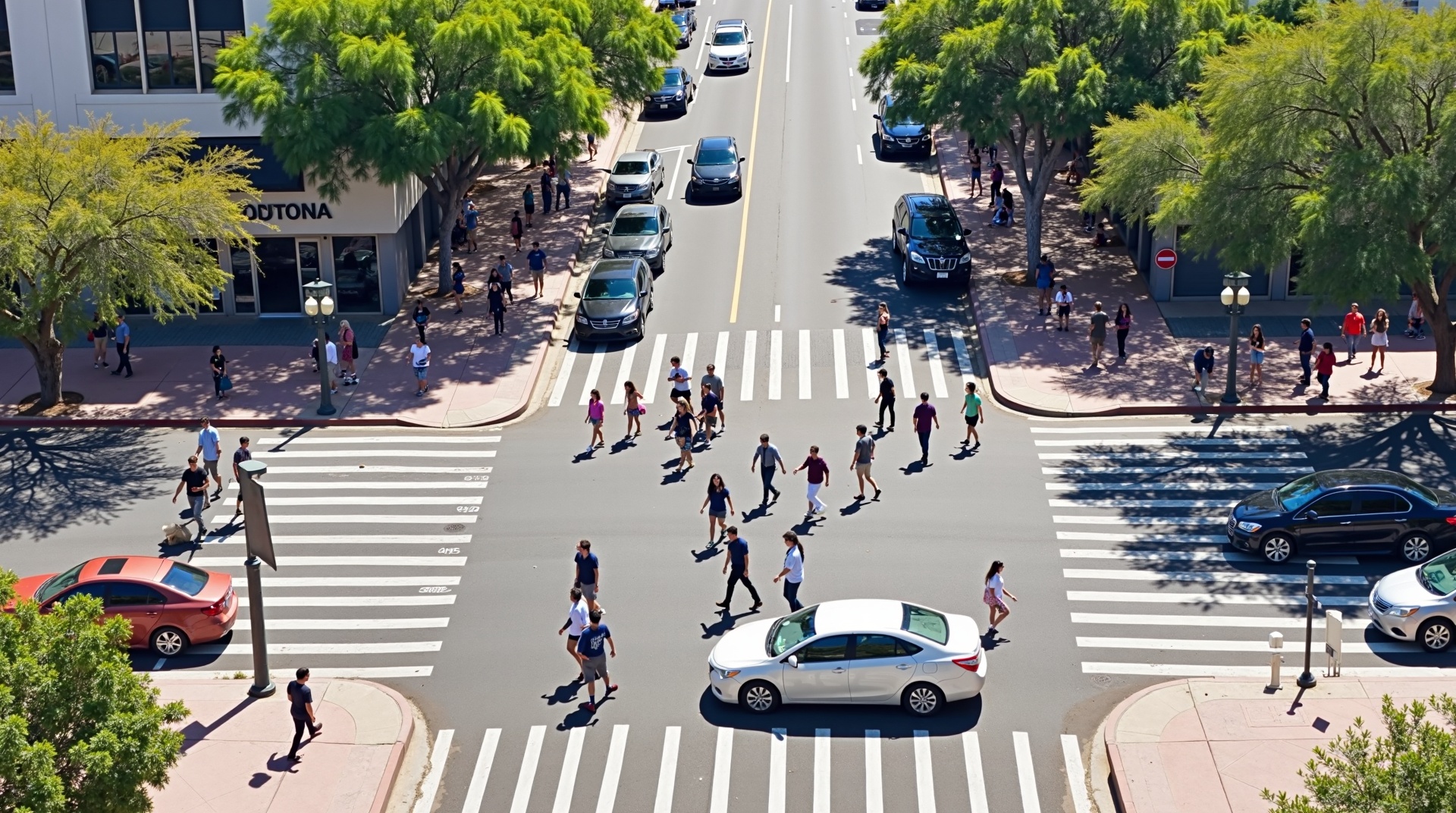 Four-way intersection with people