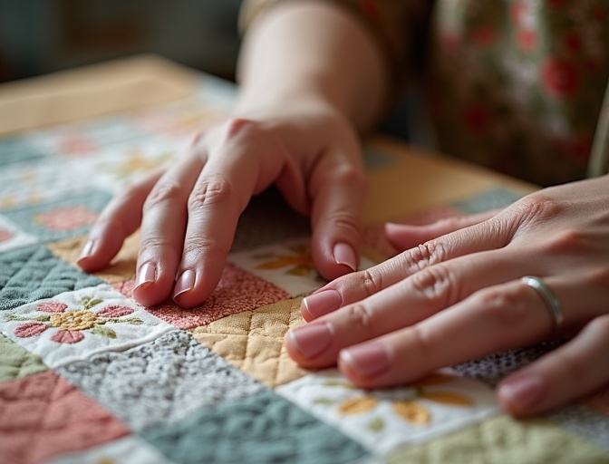 Hands working with quilted fabric