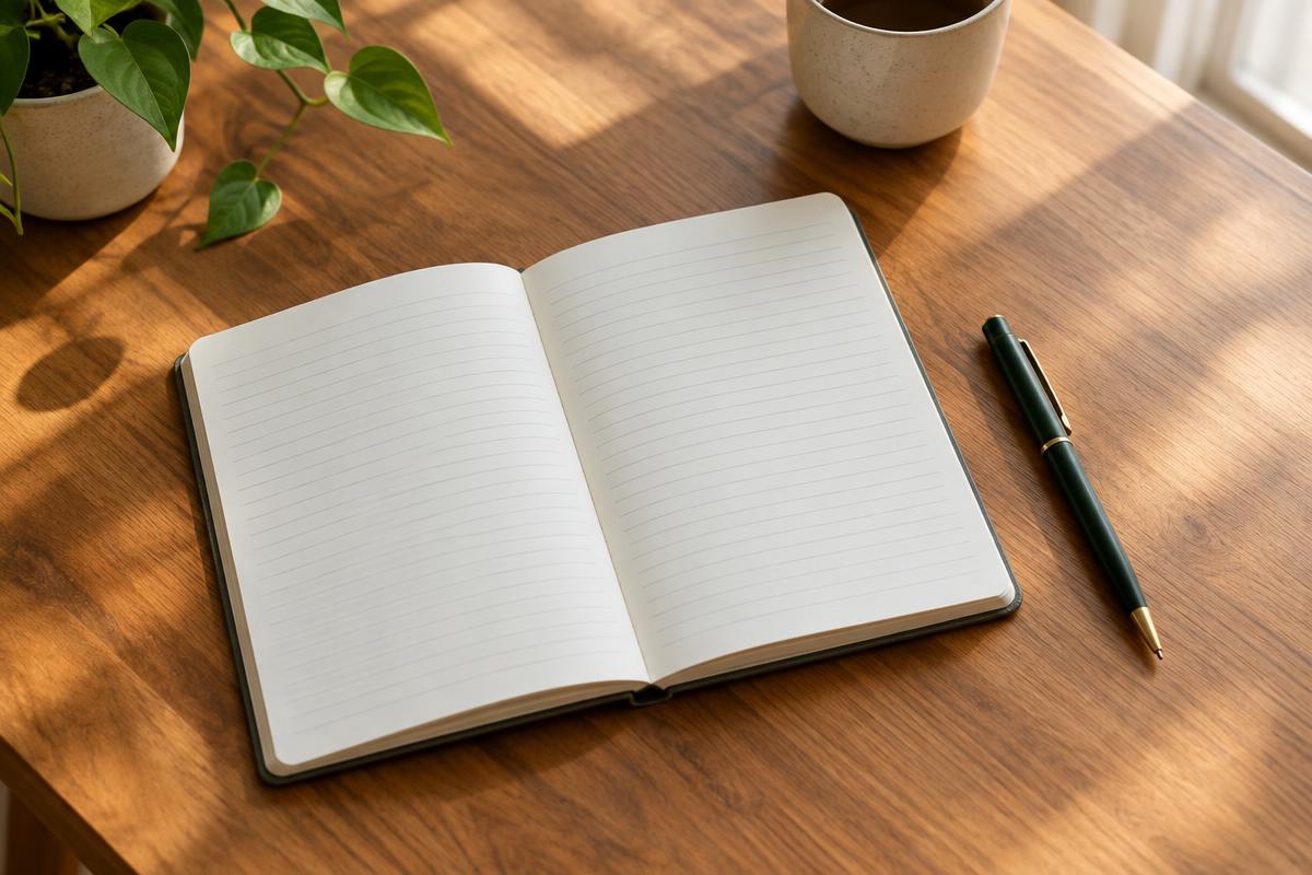 Caderno aberto em branco com uma caneta sobre a página, à luz da manhã