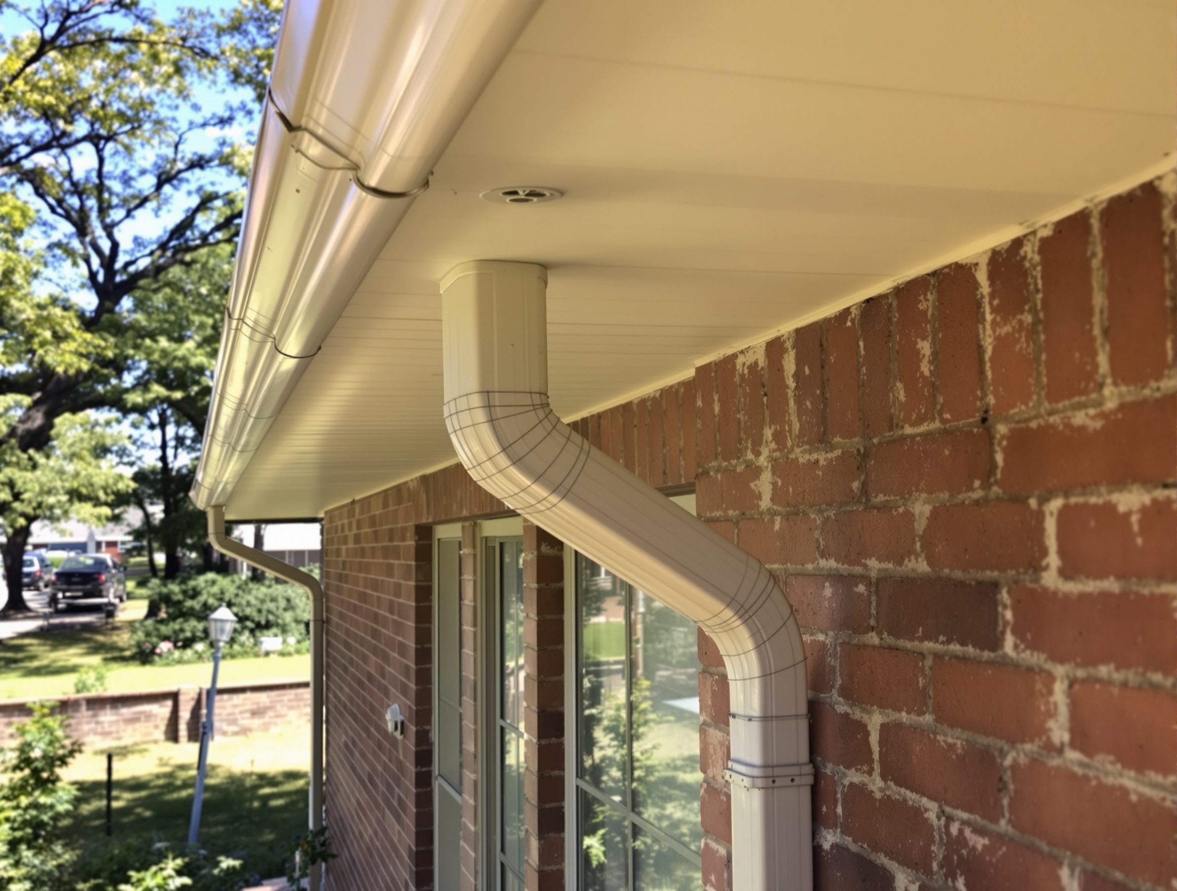Seamless gutter installation on brick home