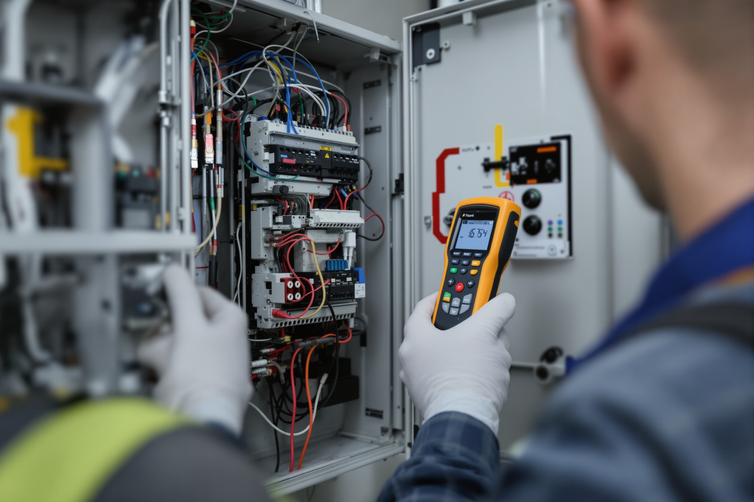 Electrician performing EICR inspection on consumer unit in South Wales home