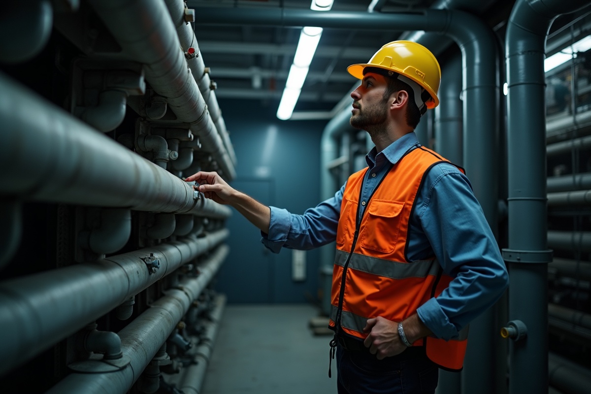 Technician inspecting insulation on industrial pipes