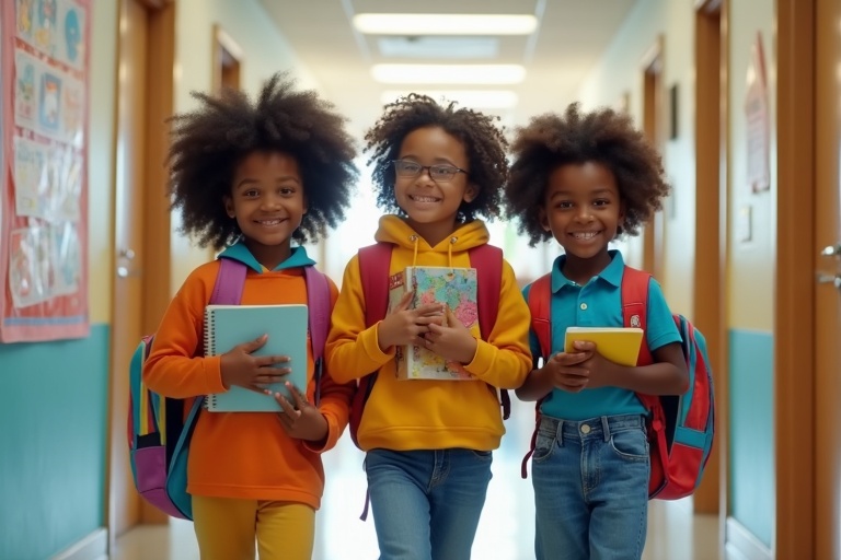 Black students with school books and bags