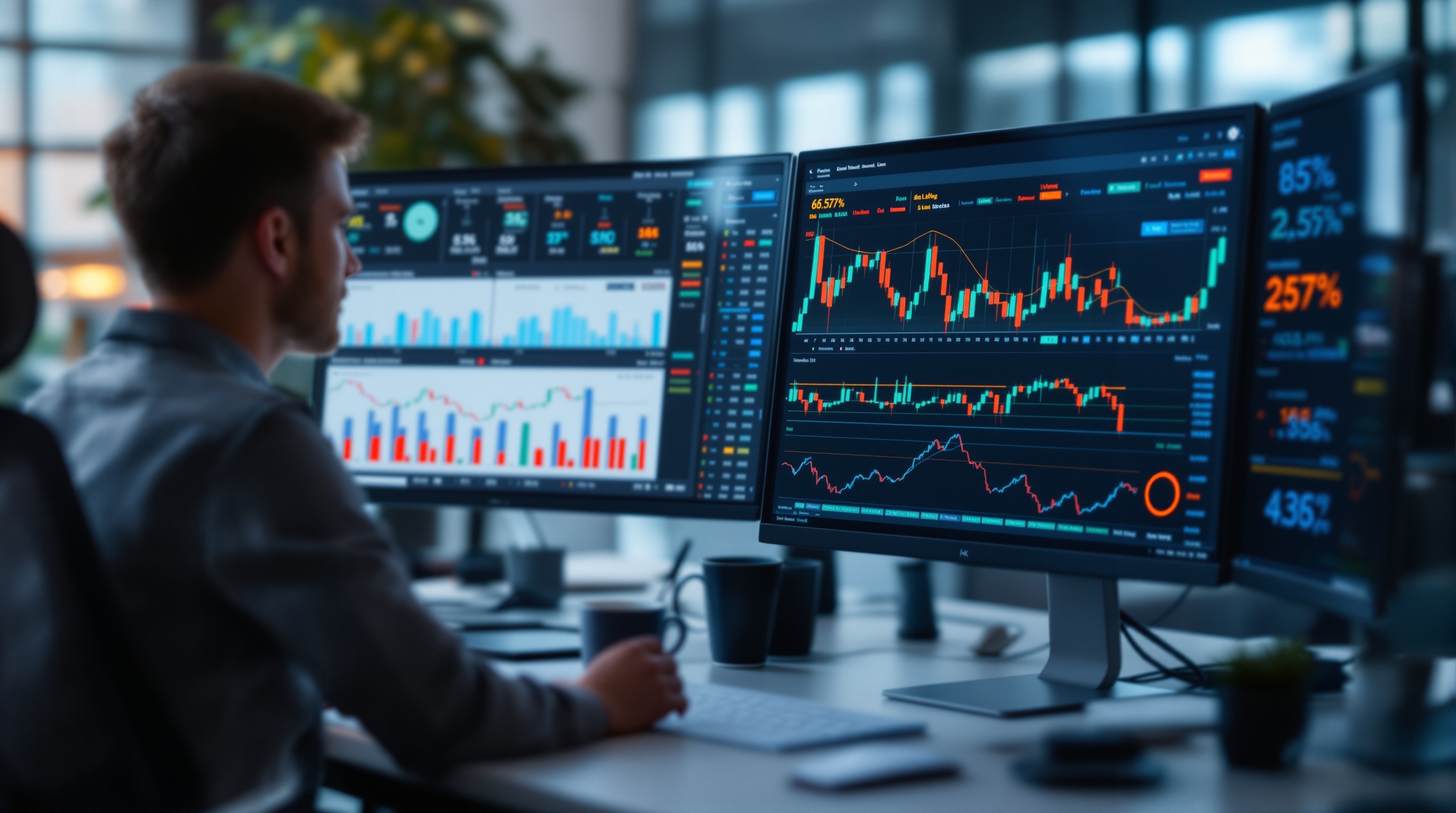 Professional trader implementing risk management strategies for prop firm trading with multiple screens showing position sizing and drawdown analysis charts