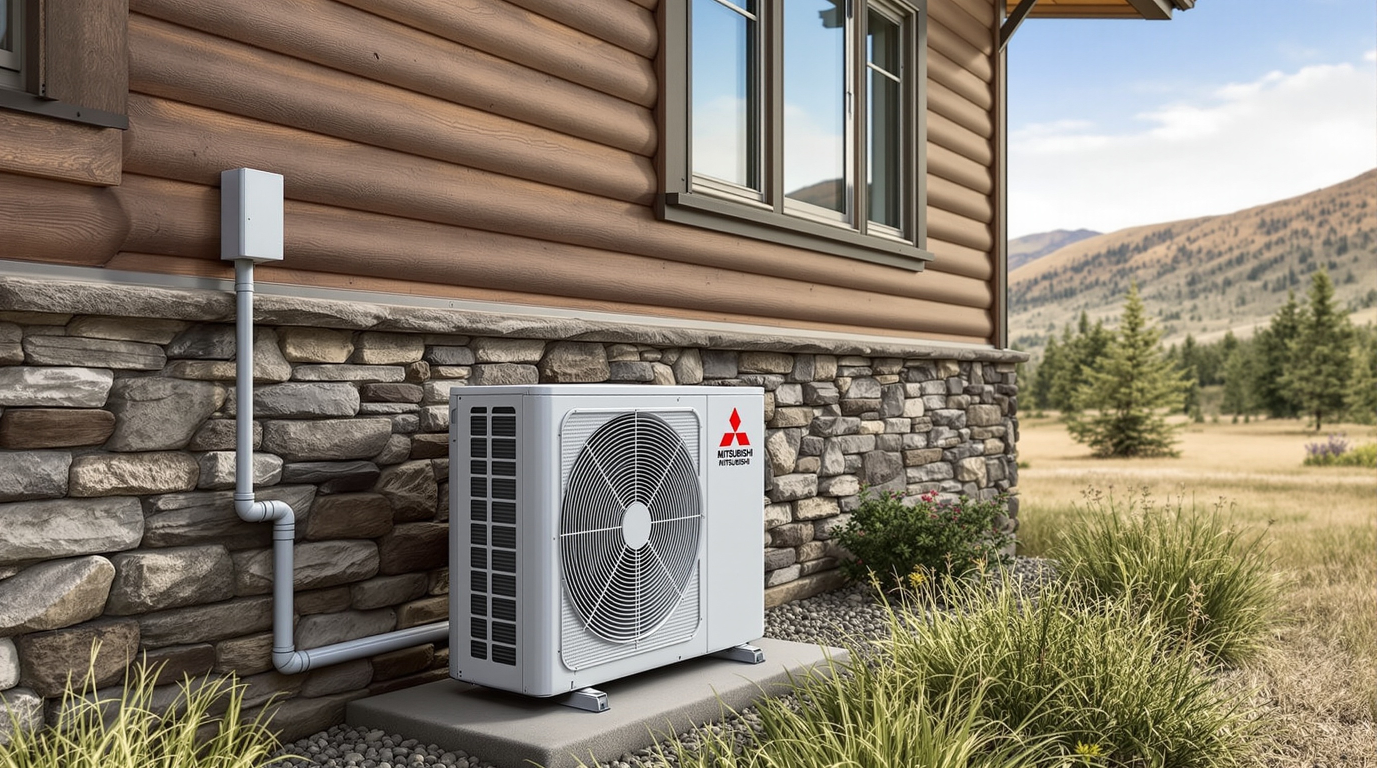 Mitsubishi wall-mounted mini split heat pump installed in mountain cabin living room — Indoor Weather Lake Arrowhead