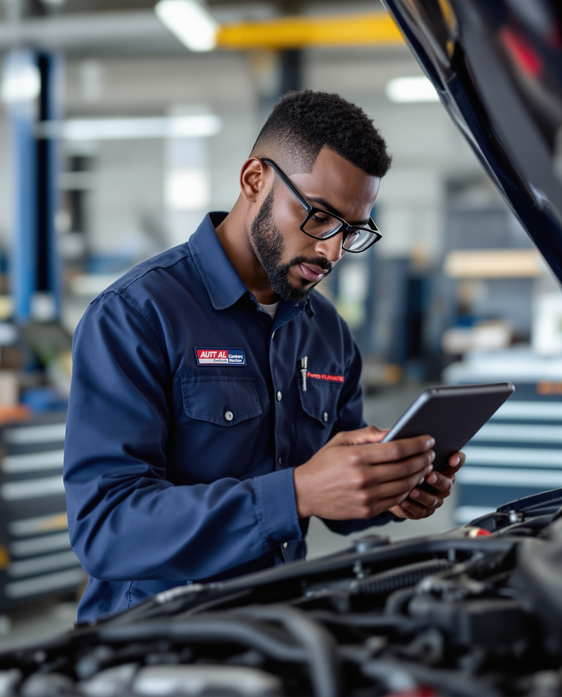 Professional technician performing vehicle inspection