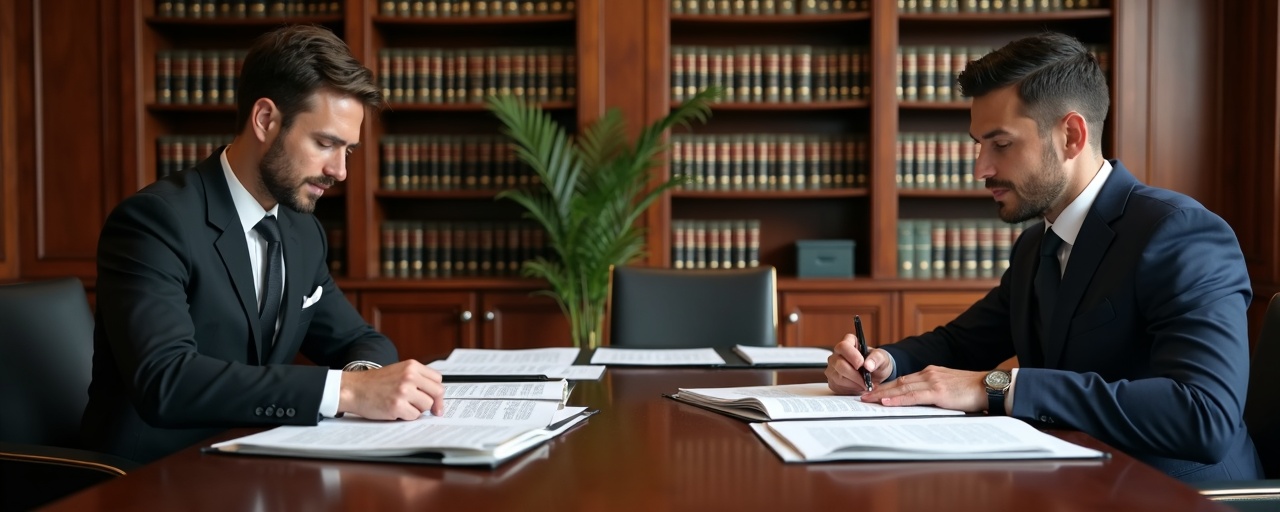 Attorneys reviewing legal contract documents at a law firm conference table