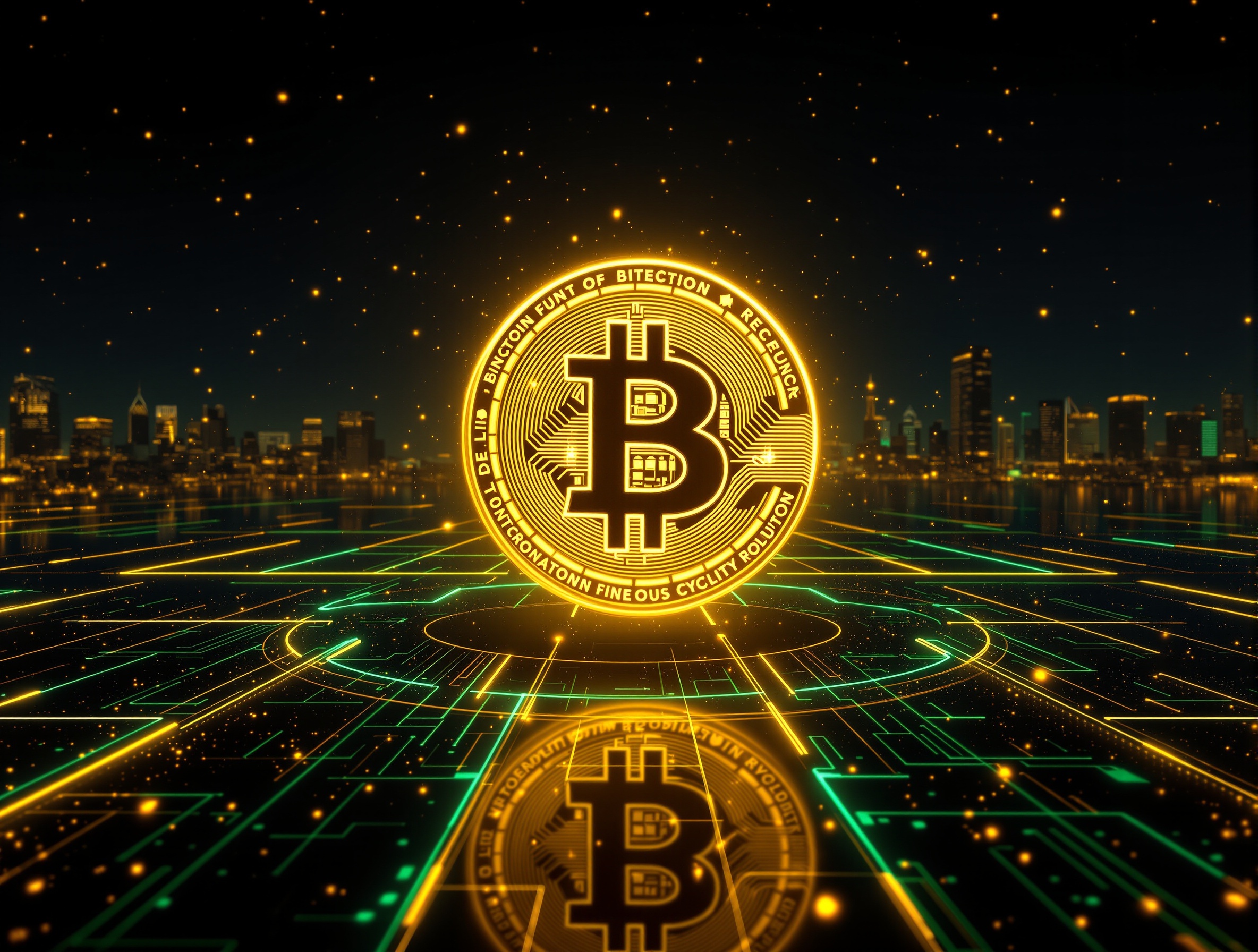 VLAKOS Token — киберпънк сцена със златен Биткойн VLAKOS Token — киберпънк сцена със златен Биткойн