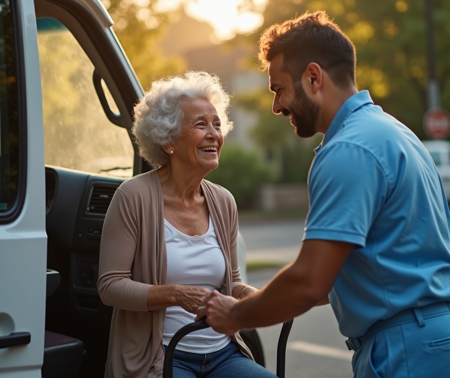 African American senior woman being helped by a Hispanic caregiver near an accessible transport van in Lehigh Valley PA