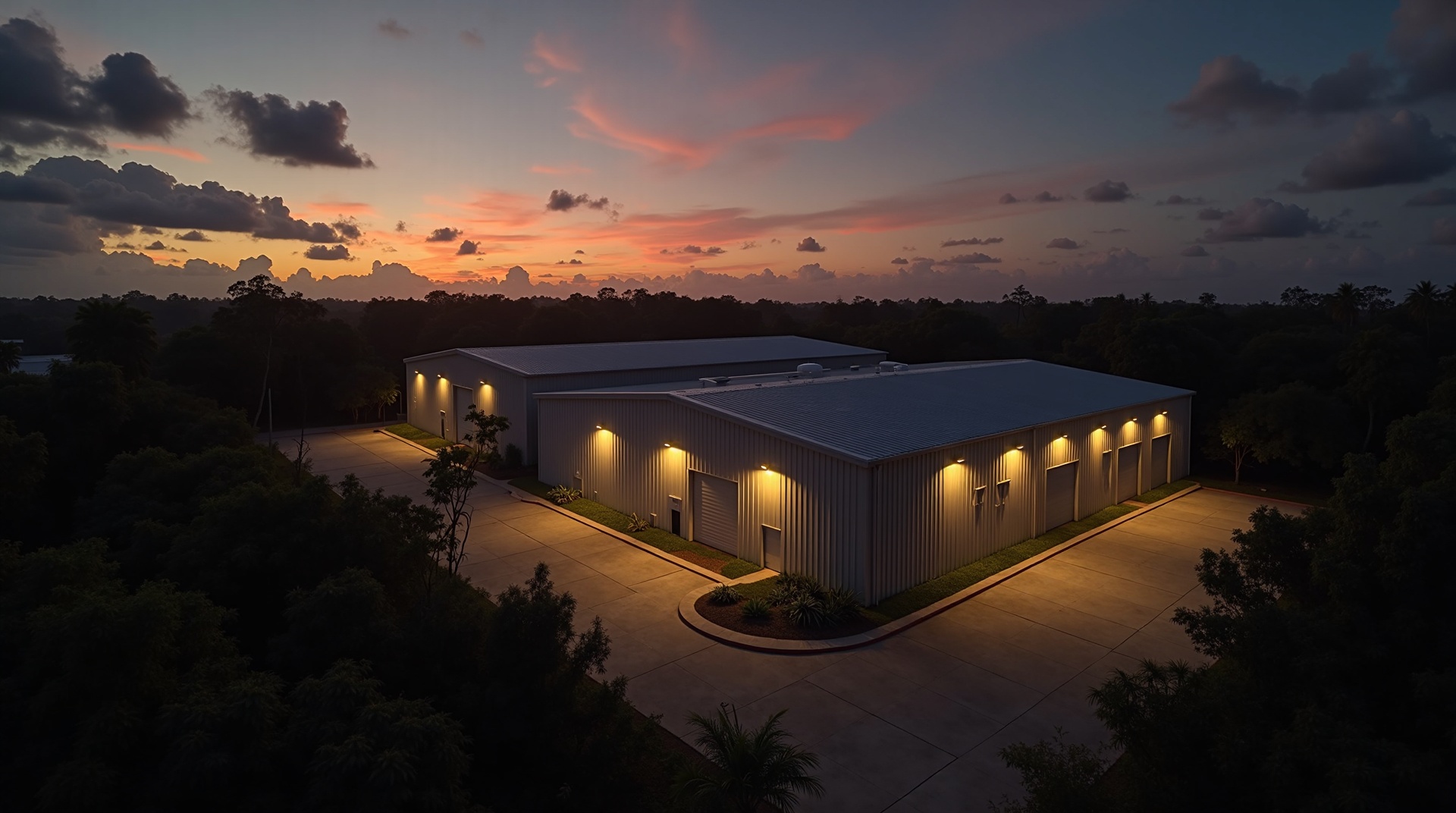 INVER Group metal building at dusk