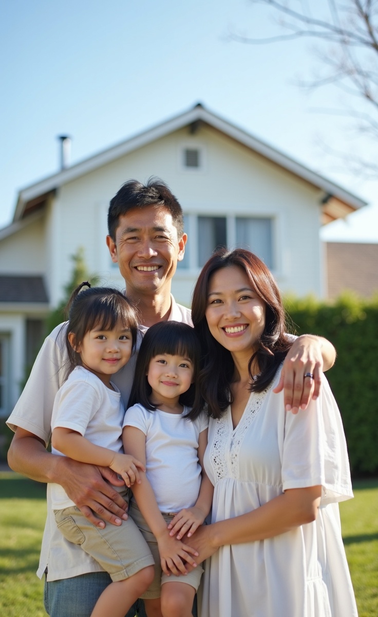 笑顔の家族と一軒家