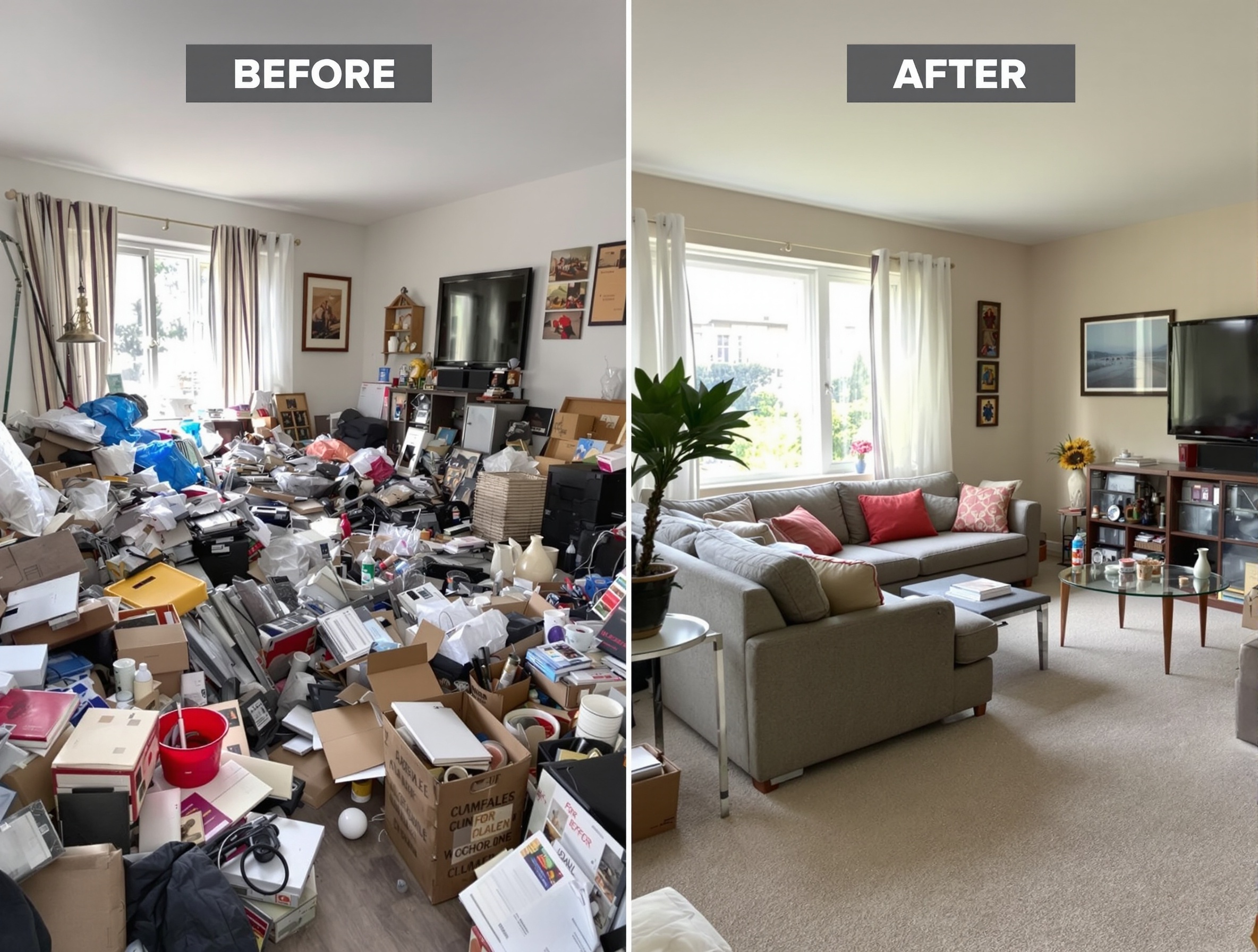 Before and after hoarding cleanup transformation