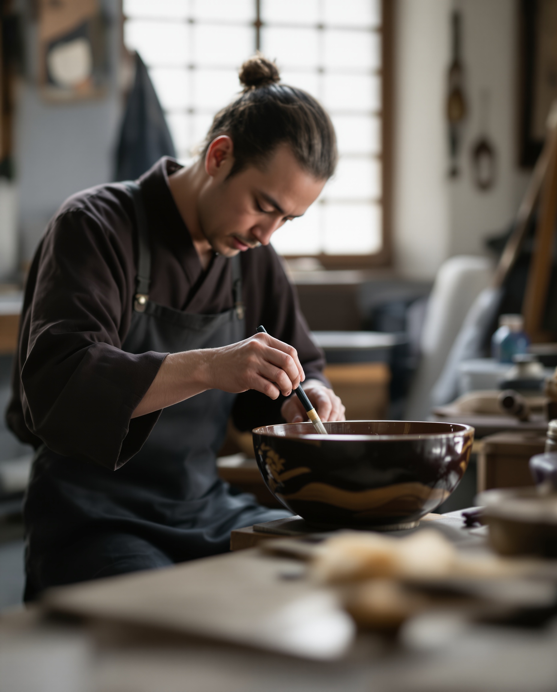 漆を塗る職人の手元