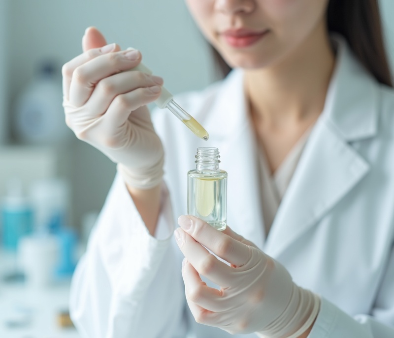 Korean cosmetic scientist examining serum texture and consistency in clean laboratory environment