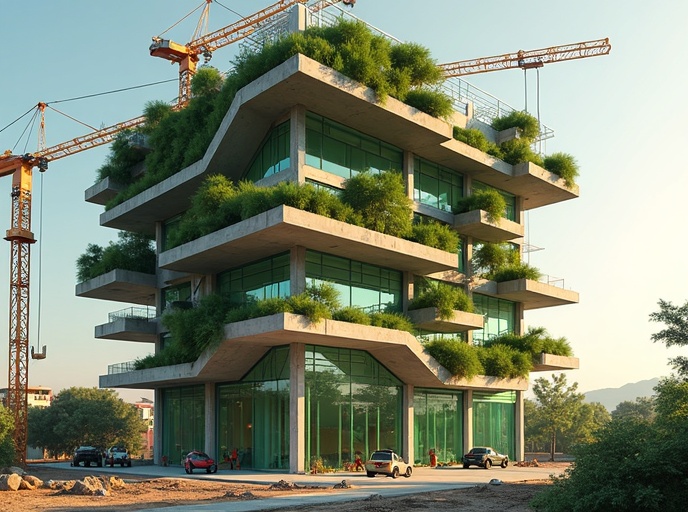 Farm-tower construction site with steel frame and hydroponic systems being installed