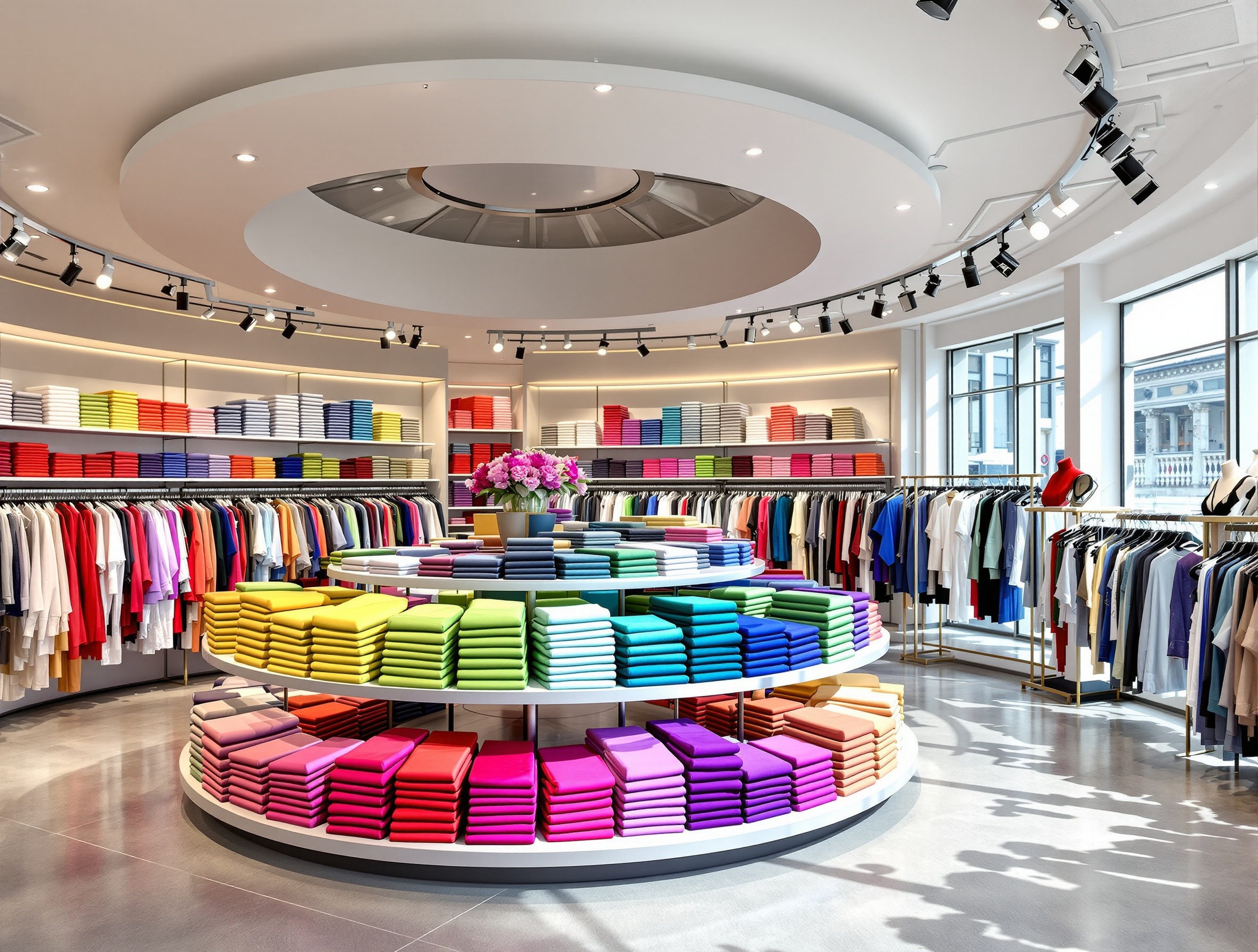 Bright modern fashion boutique interior with organized clothing displays