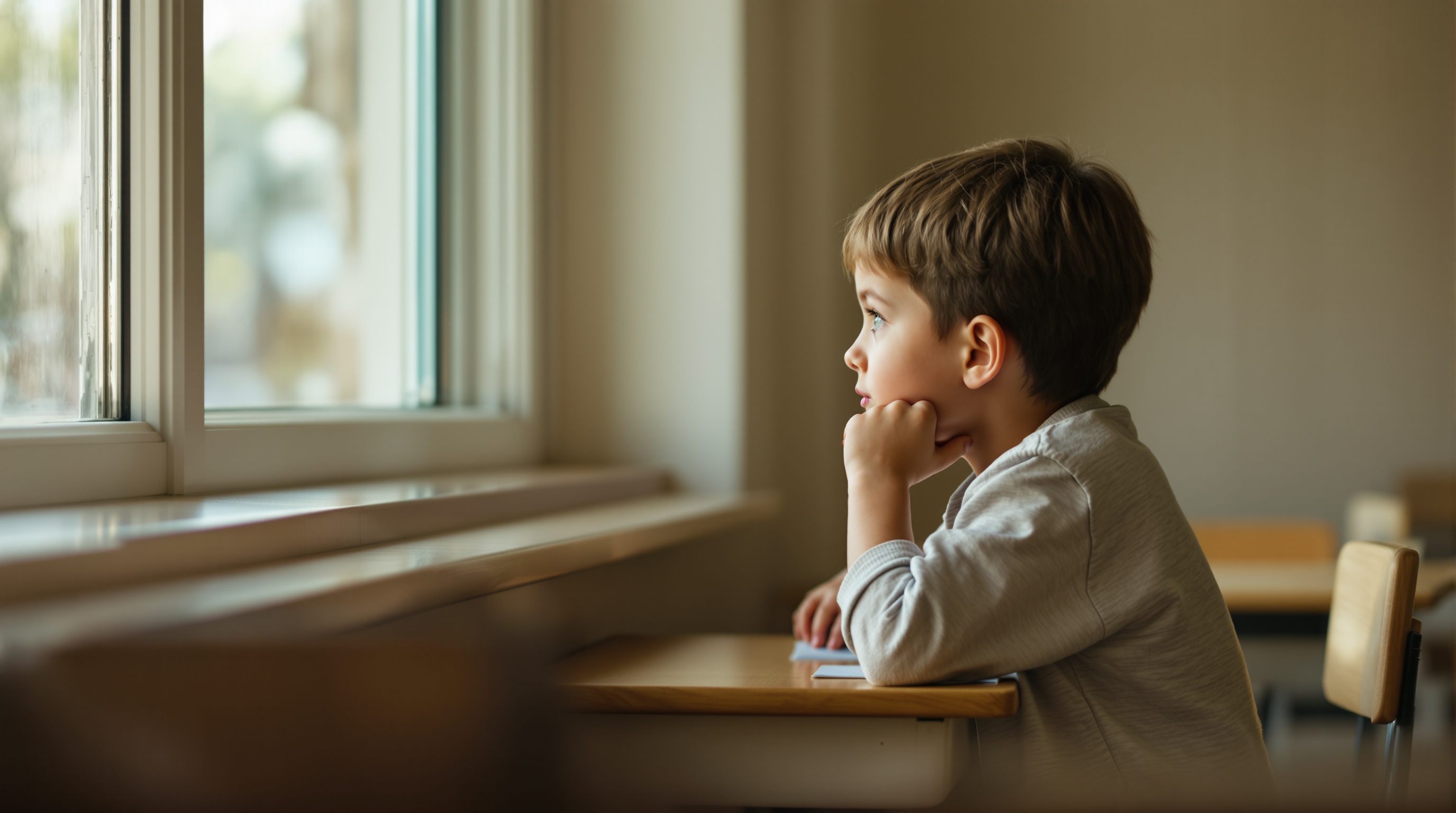 Child sitting thoughtfully at a school desk