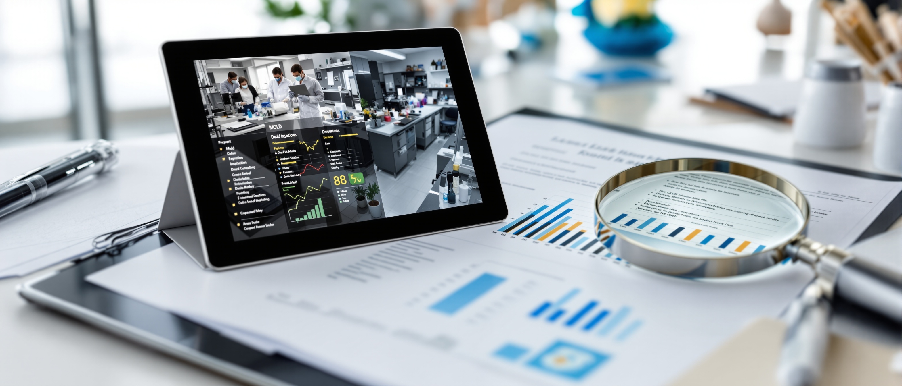 Detailed mold inspection report with laboratory results, charts, and photo documentation on desk