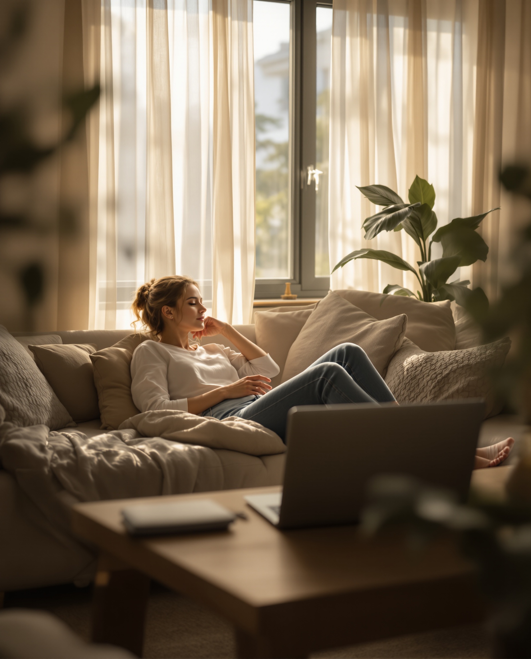 Relaxed homeowner on couch checking fiber internet options on laptop in sunlit modern living room