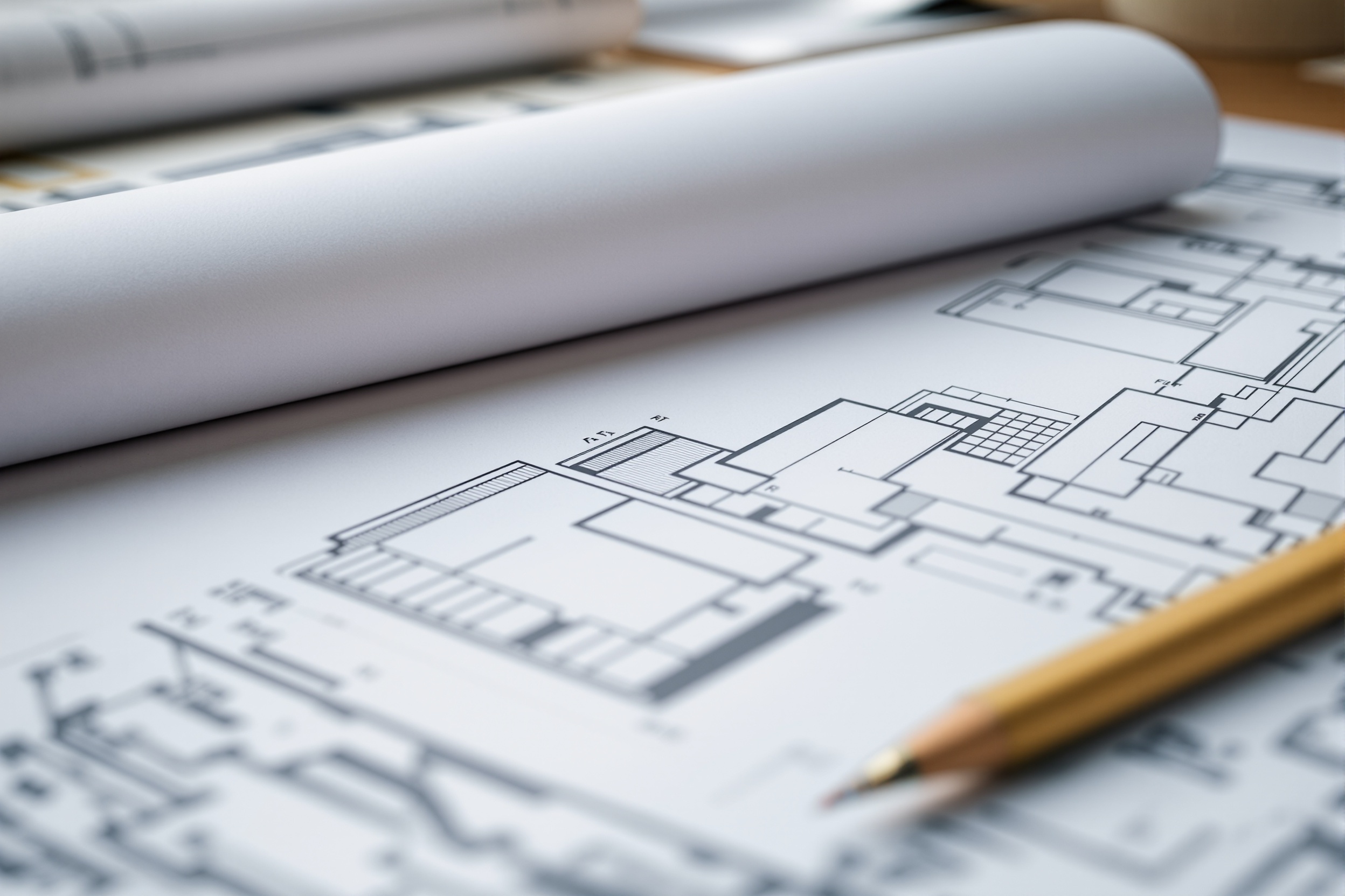 Close-up of roof type diagrams and planning documents on a desk, comparing flat and pitched commercial roof profiles.