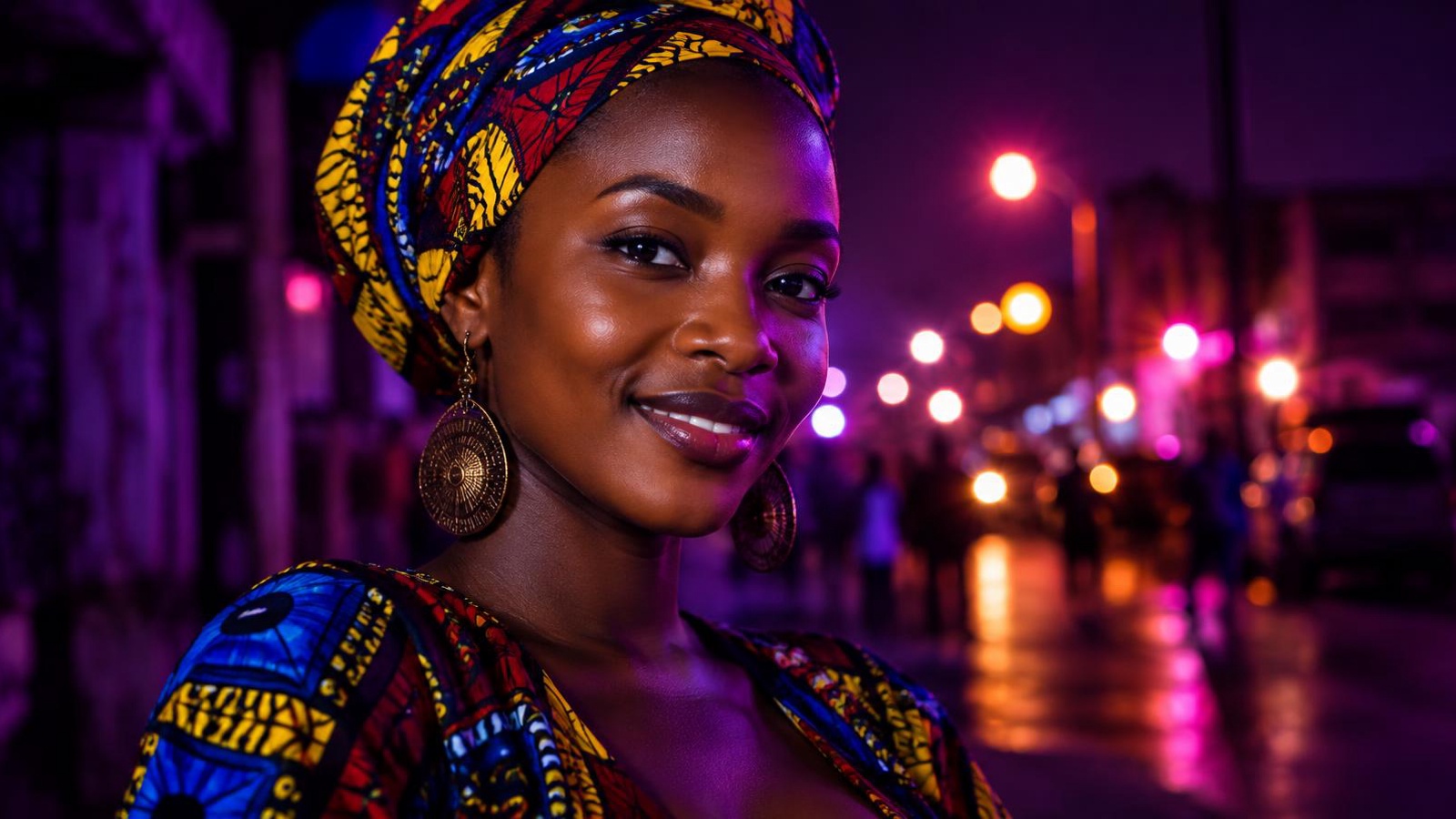 A smiling young Senegalese woman lit by violet light on a dark Dakar street at night.