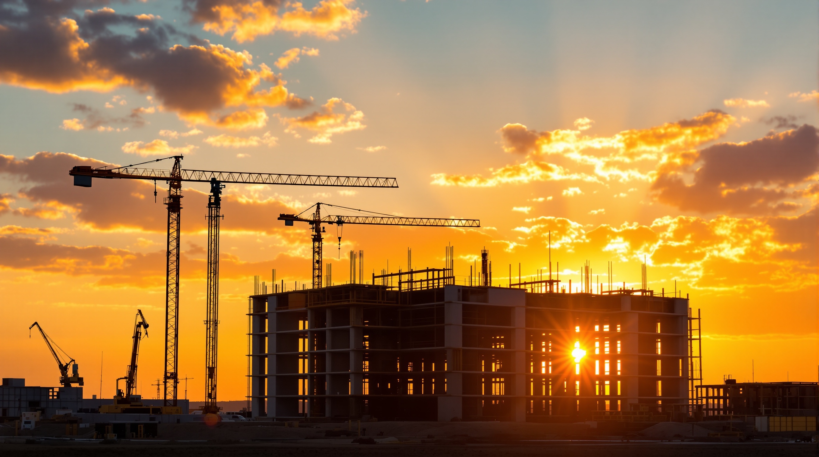 Construção de obras com guindaste ao pôr do sol
