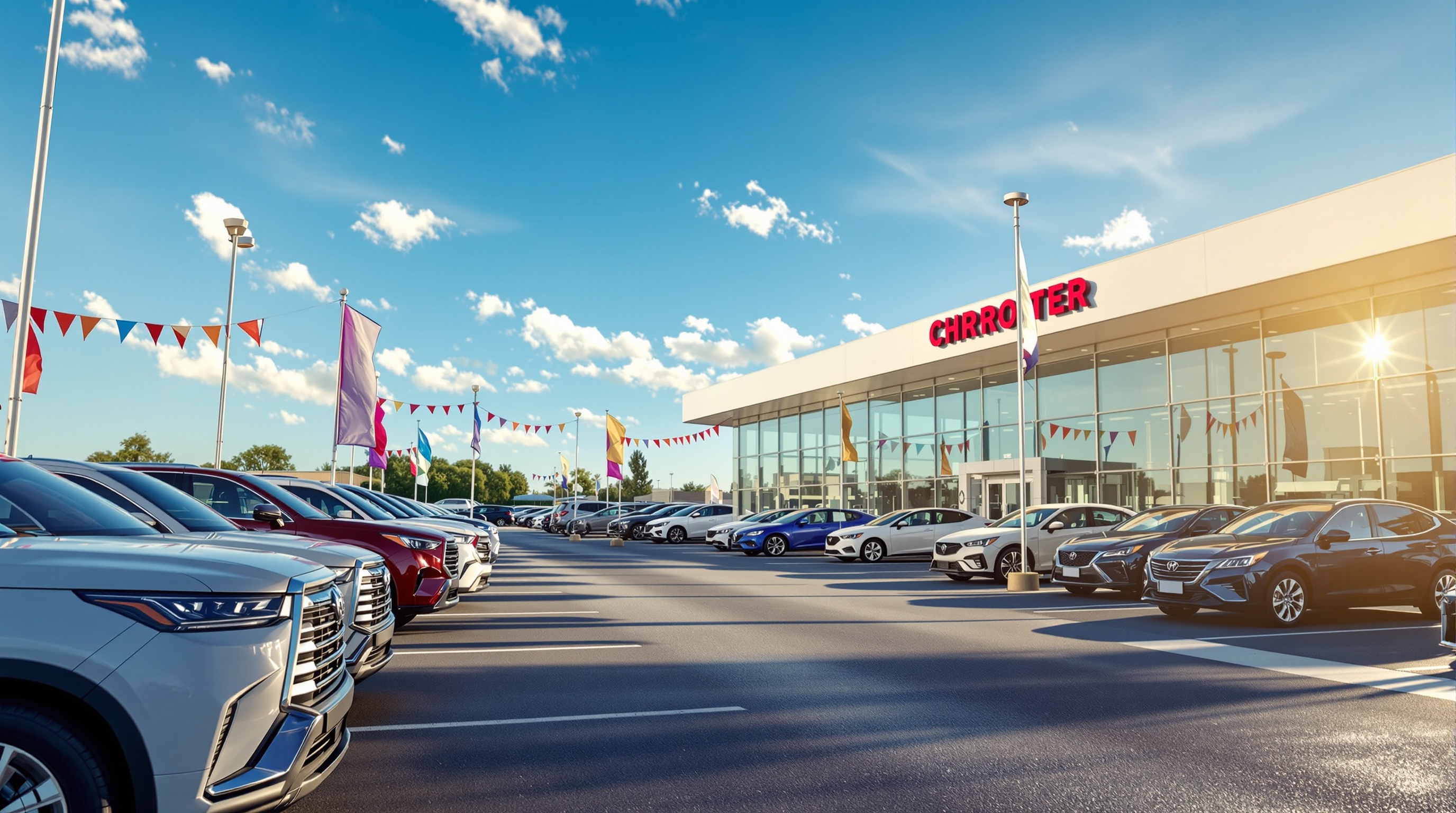 Modern car dealership lot with rows of vehicles
