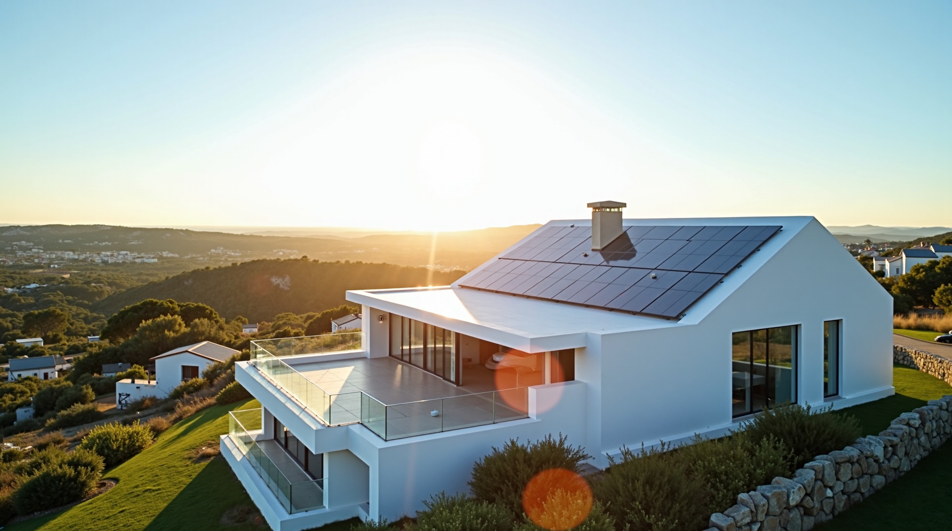 Casa portuguesa moderna com painéis solares no telhado