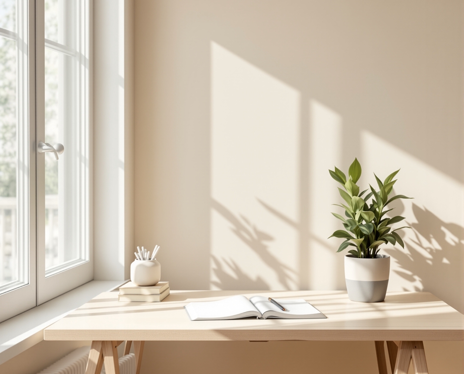 Bright office workspace with a plant