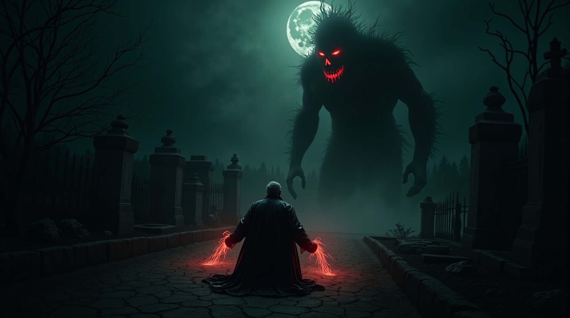 Dark cinematic scene of a man pulling death energy from the ground to blast a shadow monster in a creepy cemetery