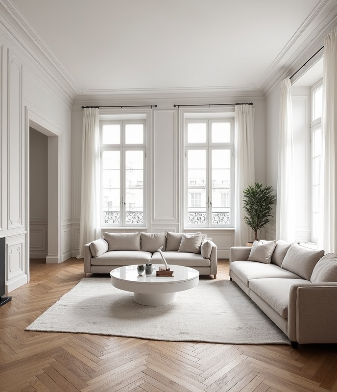 Salon luxueux appartement parisien avec moulures blanches élégantes, parquet chêne point de Hongrie, mobilier design, lumière naturelle et grandes fenêtres - Approche patrimoniale Green House conciergerie Airbnb haut de gamme Paris