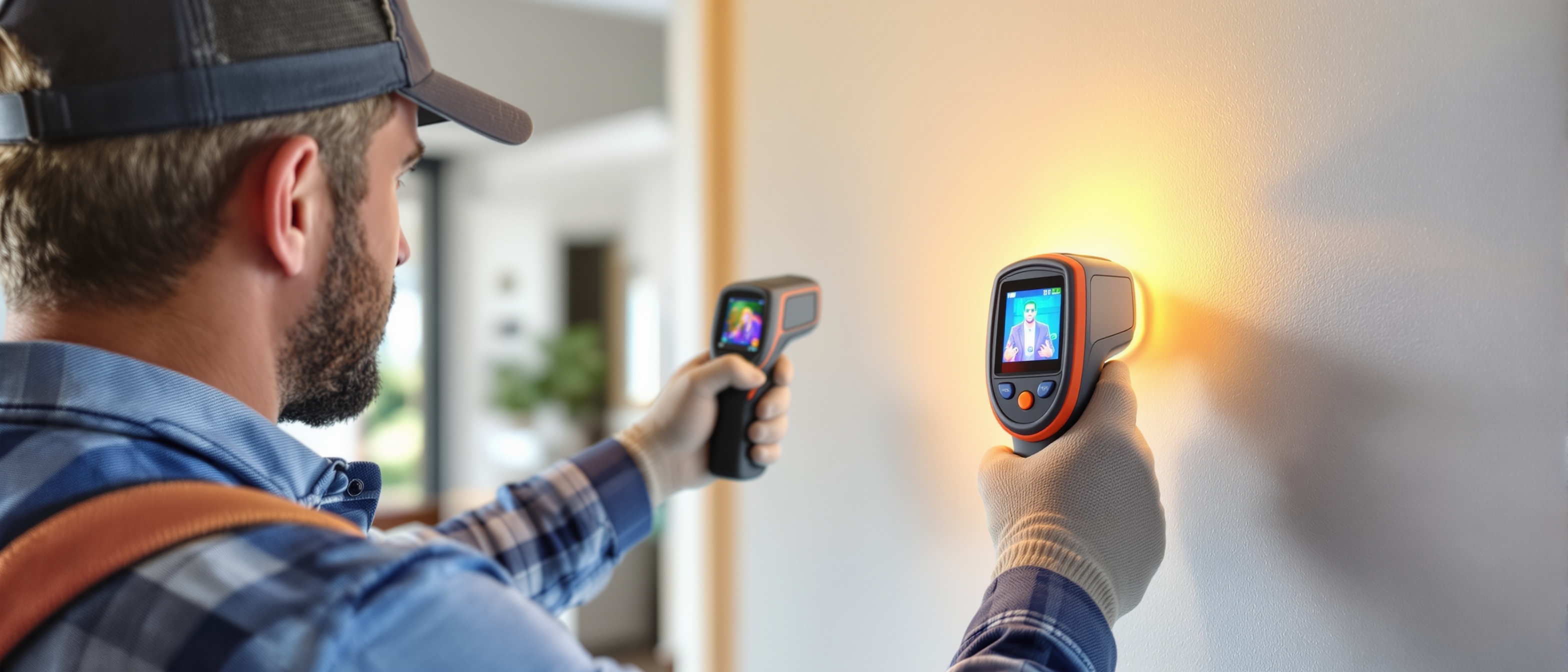 Professional mold inspector using thermal imaging camera and moisture meter in Florida home
