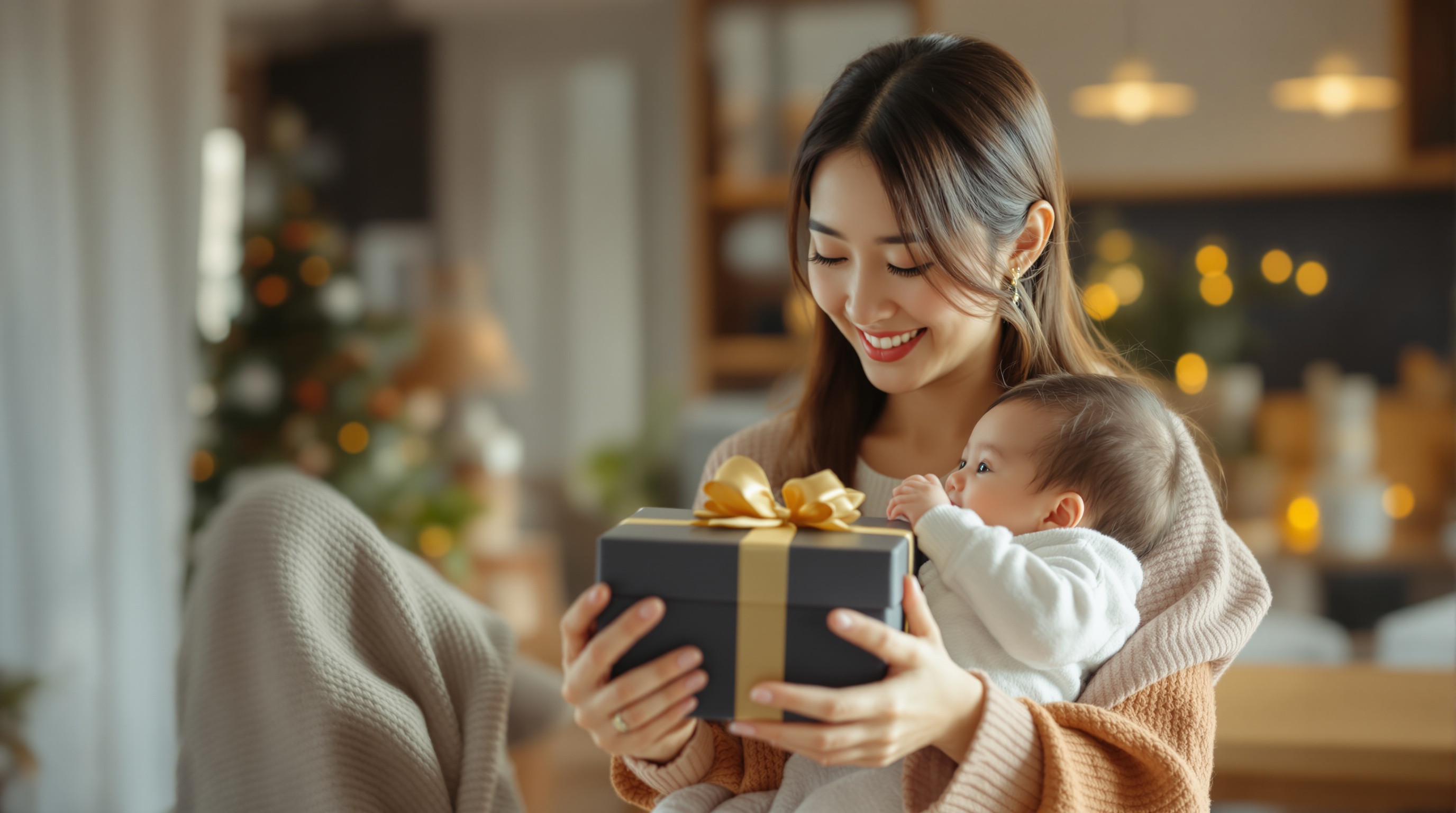 出産祝いを受け取って喜ぶママと赤ちゃん