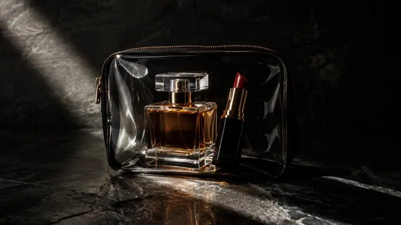 Profumo e rossetto in una pochette trasparente da viaggio su pietra scura