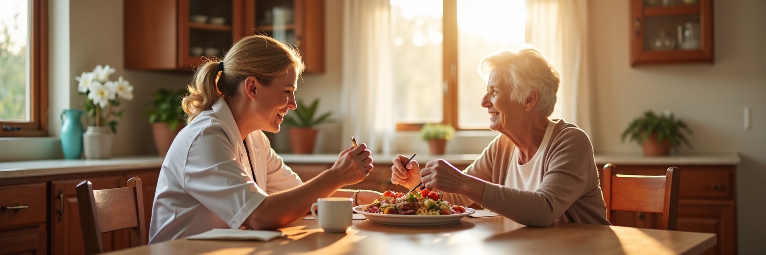 Caregiver and resident sharing a meal at The Heritage Living senior care home in Casa Grande AZ