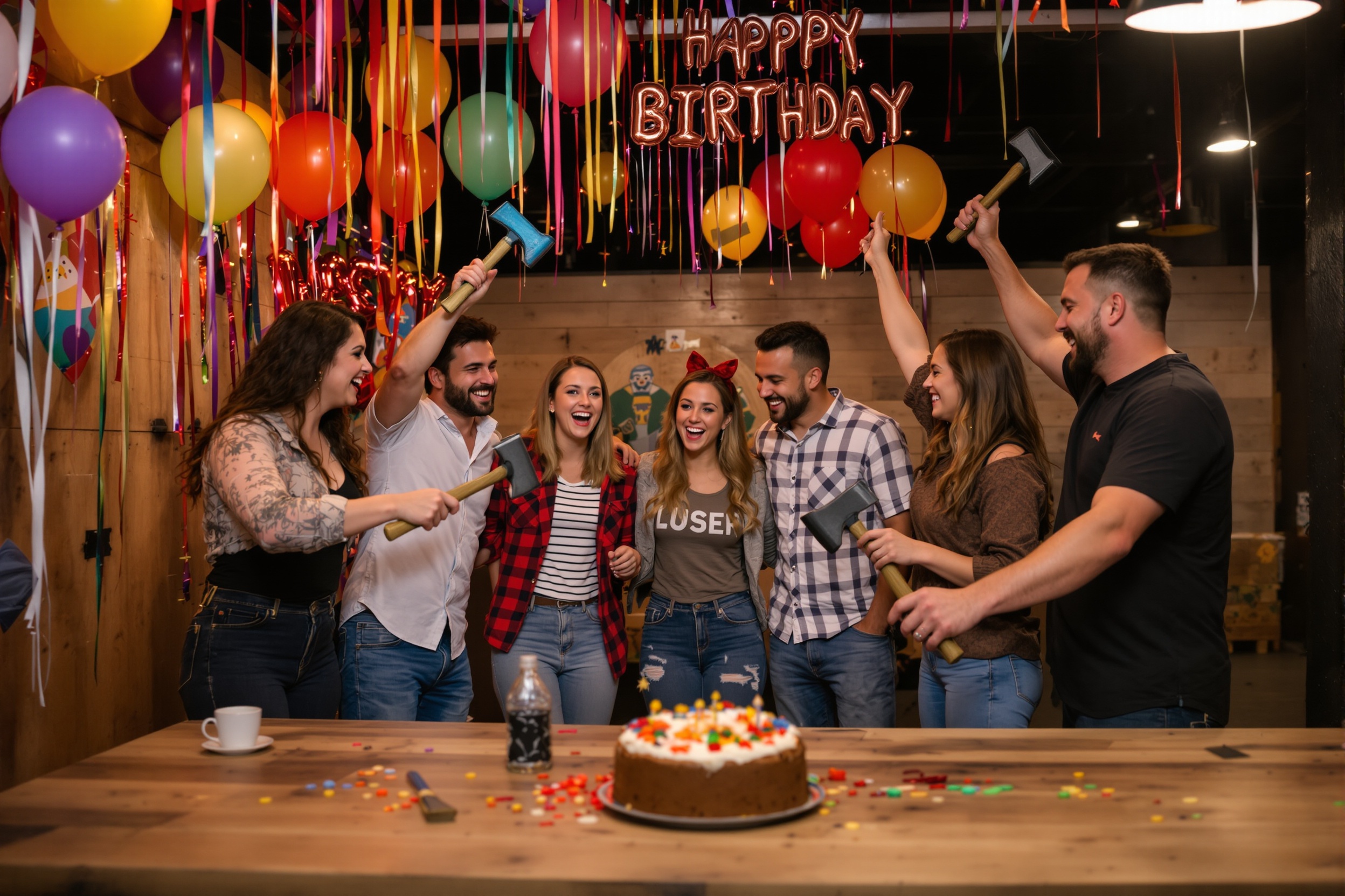 Group celebrating a birthday party at an axe throwing venue