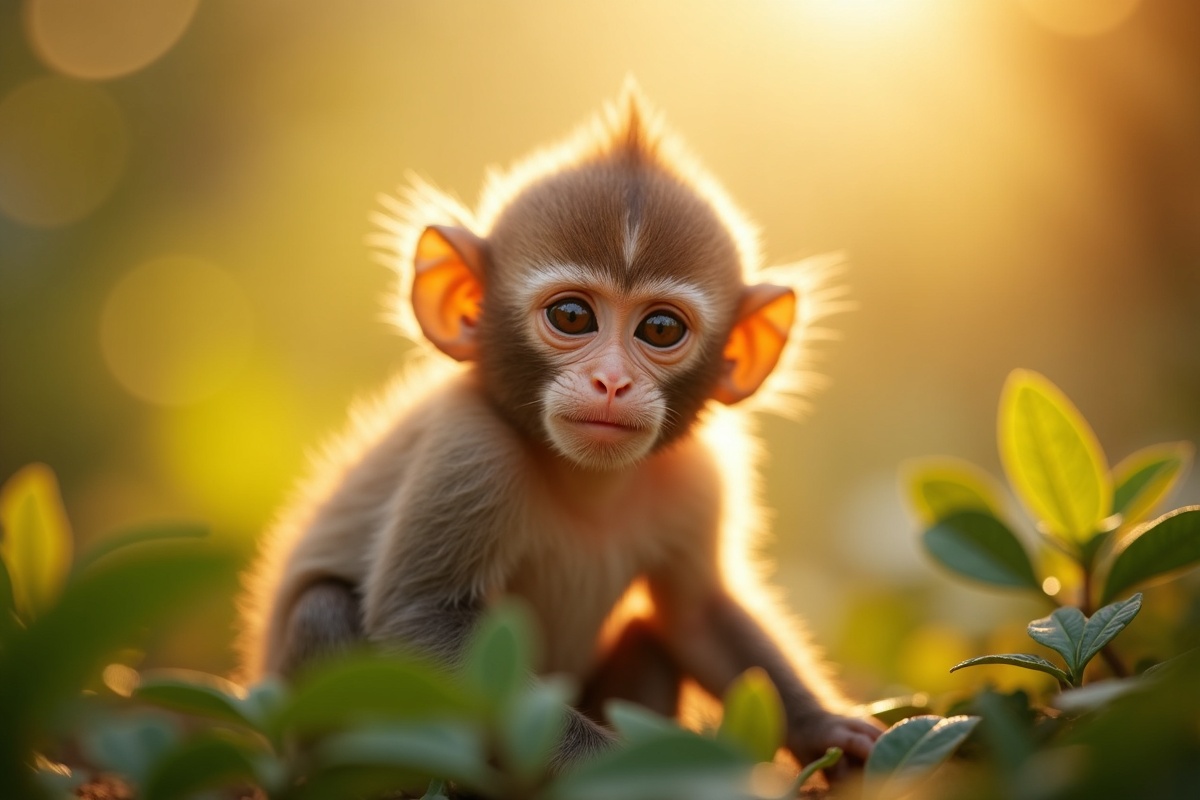 Adorable baby monkey in warm golden light