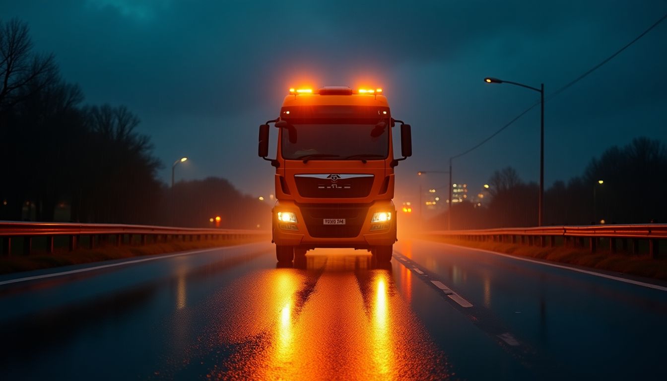 Emergency tow truck on Manchester motorway at night
